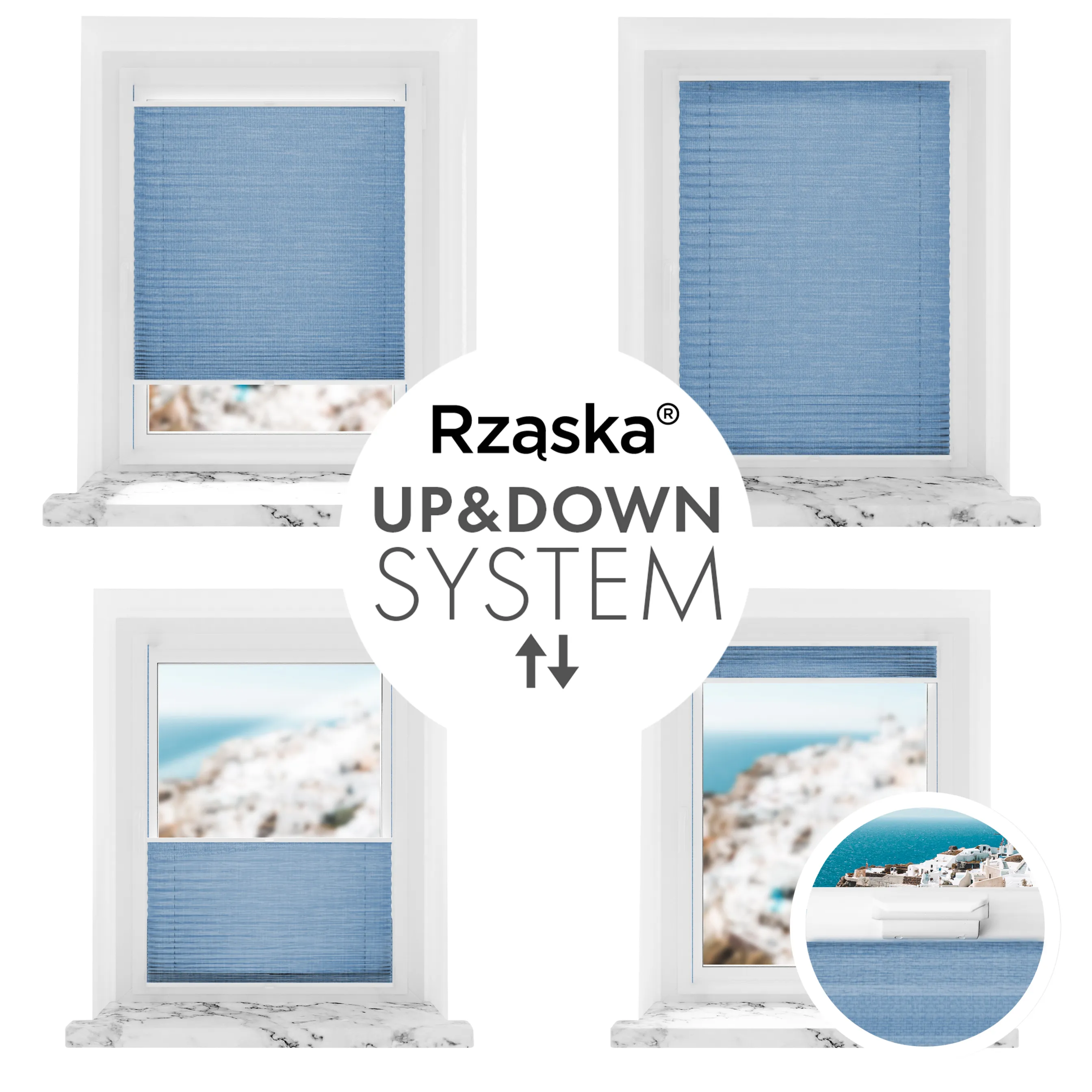 Inwazyjne rolety na okna Rząska® pod wymiar, uchwyty Risinfix do przykręcania, kolekcja Melange w kolorze Głębokie morze, niebieskim z profilem białym.