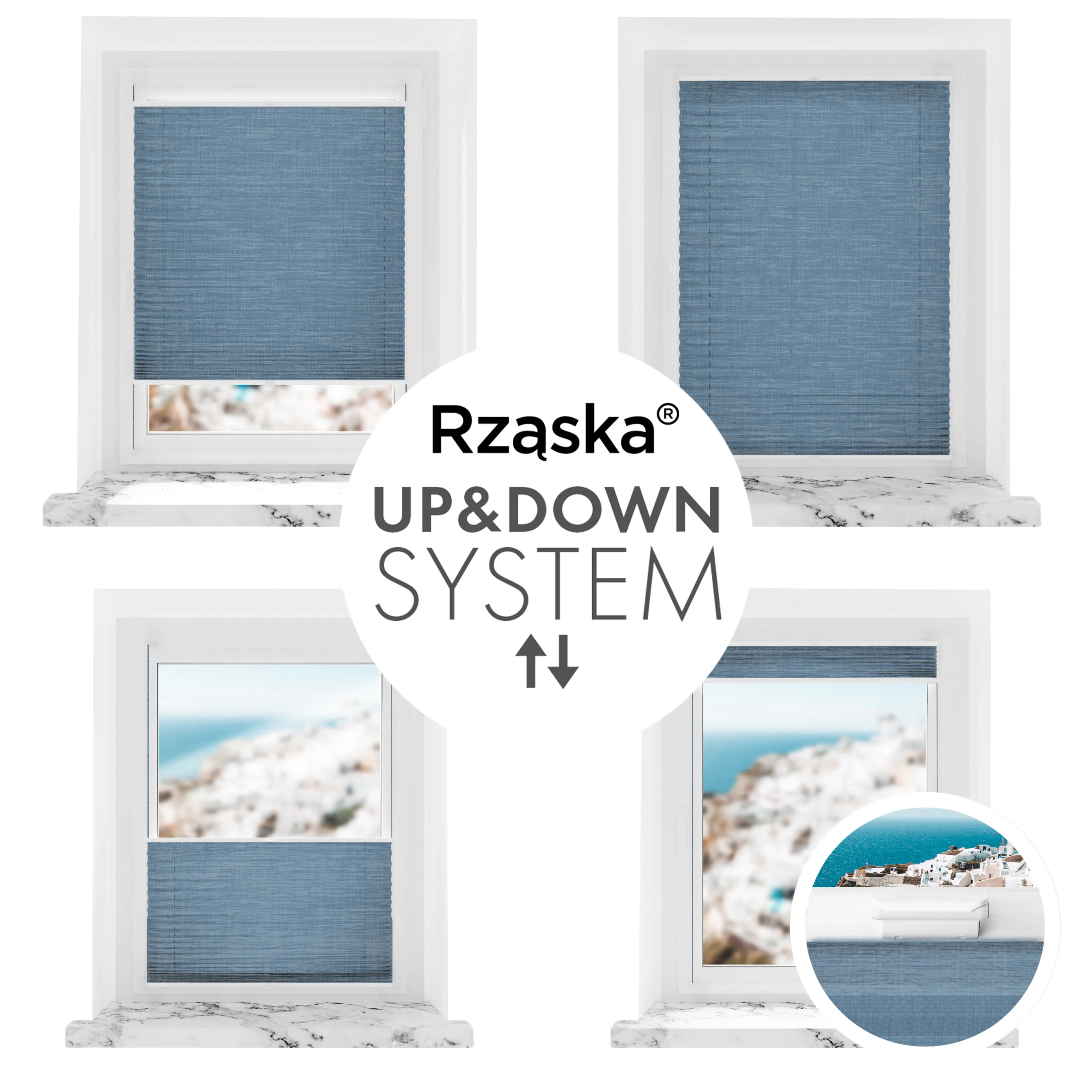 Bezinwazyjne plisy okienne Rząska® na wymiar, uchwyty Risinfix Incognito X do zaciskania, kolekcja Melange w kolorze Podczas desczu, niebieskim z profilem białym.