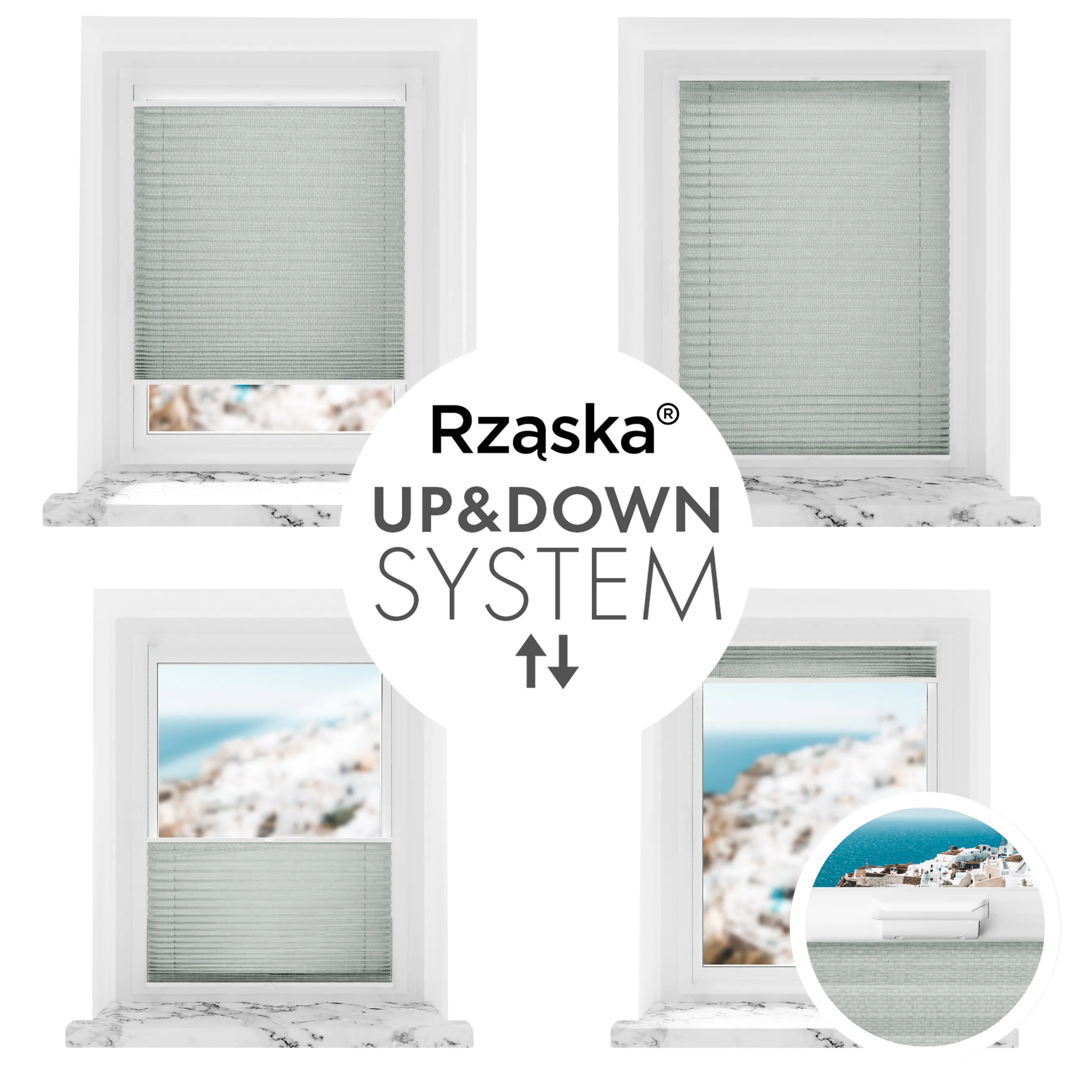 Bezinwazyjne plisy okienne Rząska® na wymiar, uchwyty Risinfix Incognito X do zaciskania, kolekcja Melange w kolorze W drodze, szarym z profilem orzechowym.