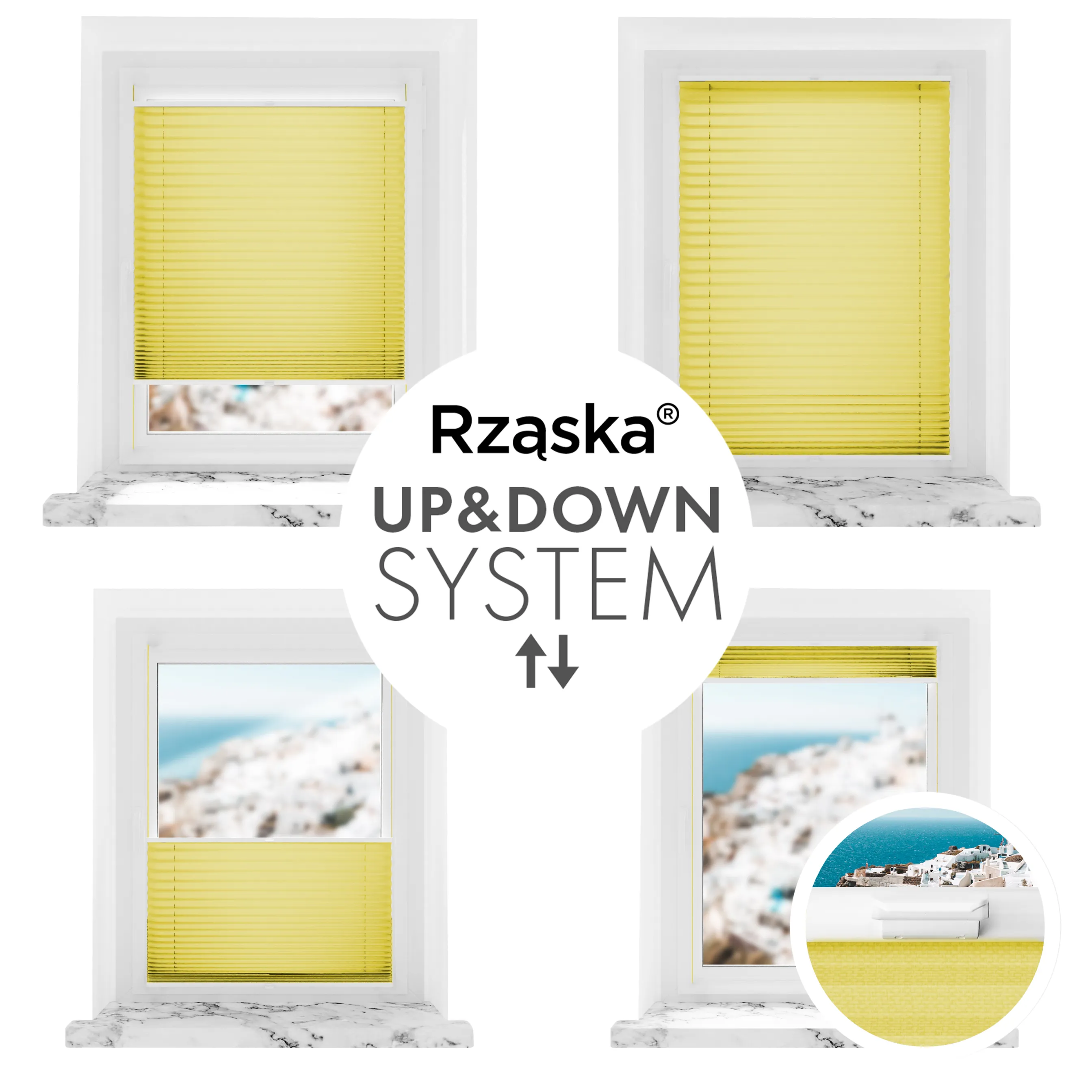 Bezinwazyjne plisy okienne Rząska® na wymiar, uchwyty Risinfix Incognito X do zaciskania, kolekcja Premium w kolorze Wakacyjny czas ,zółtym z profilem białym.