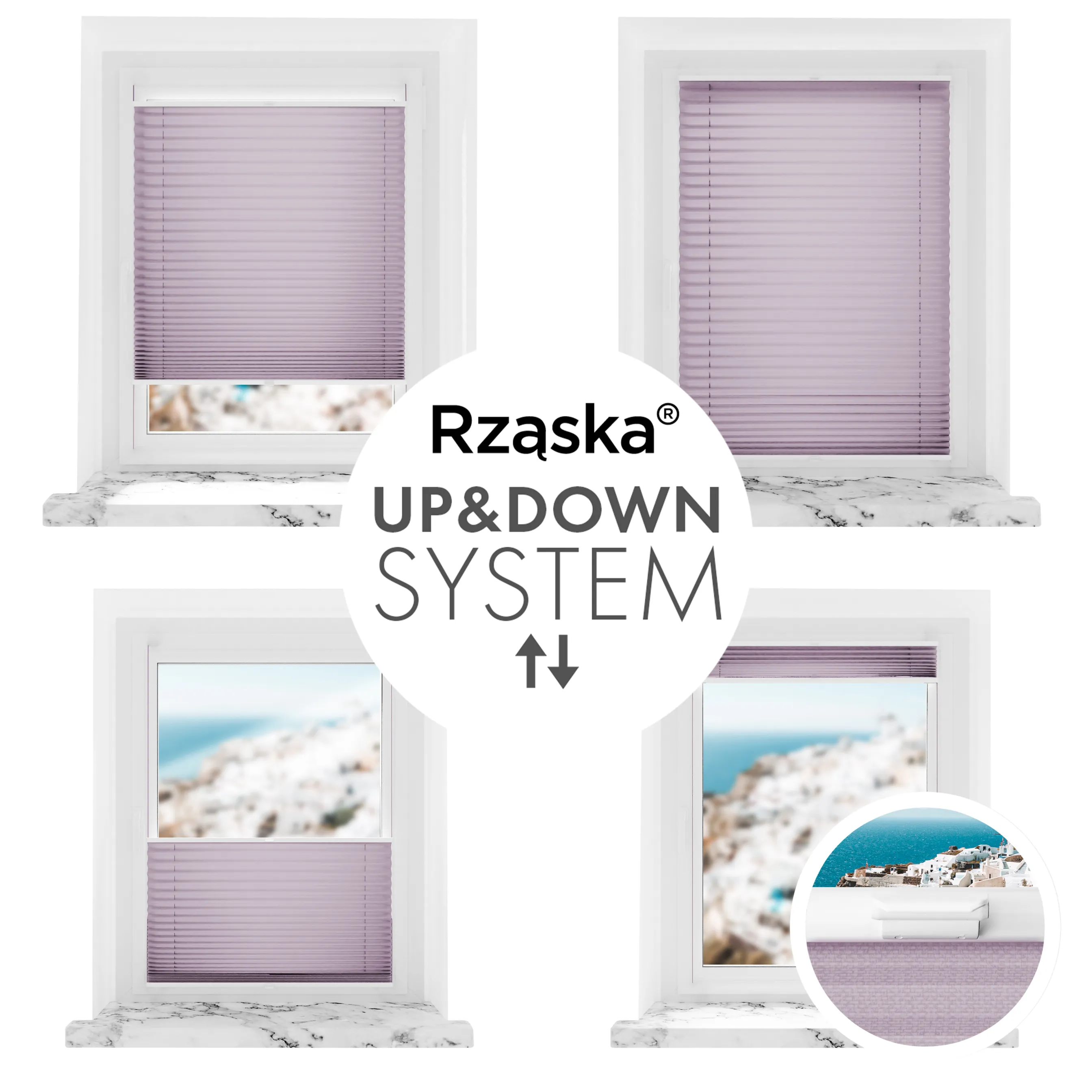 Bezinwazyjne plisy okienne Rząska® na wymiar, uchwyty Risinfix Incognito X do zaciskania, kolekcja Premium w kolorze Śliwkowy urok, flioletowym z profilem białym.