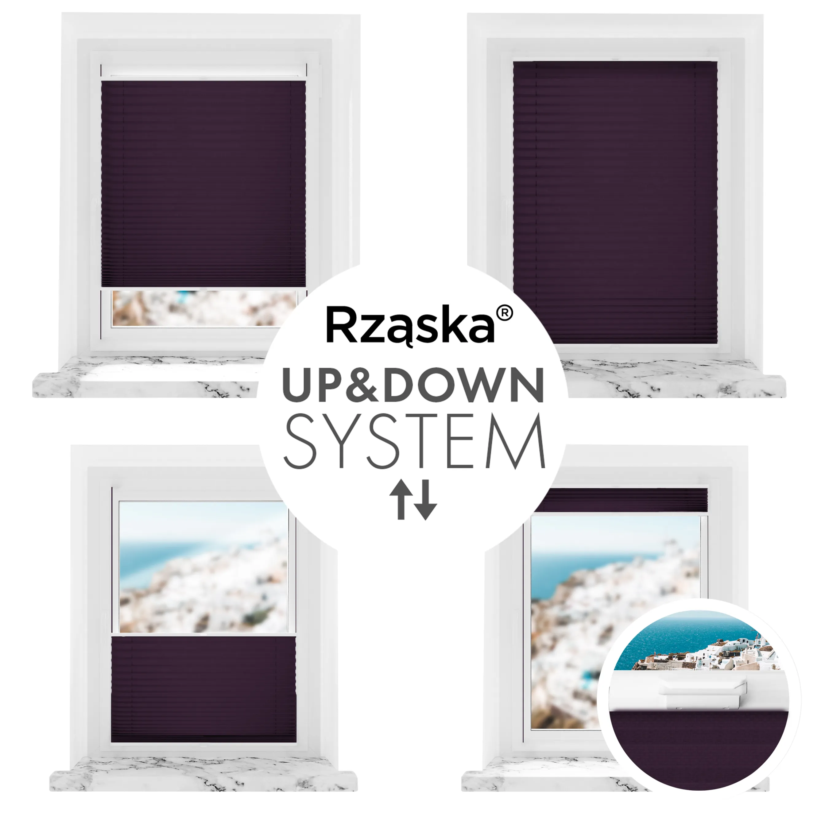 Bezinwazyjne plisy okienne Rząska® na wymiar, uchwyty Risinfix Incognito X do zaciskania, kolekcja Premium w kolorze Muza północy, flioletowym z profilem białym.