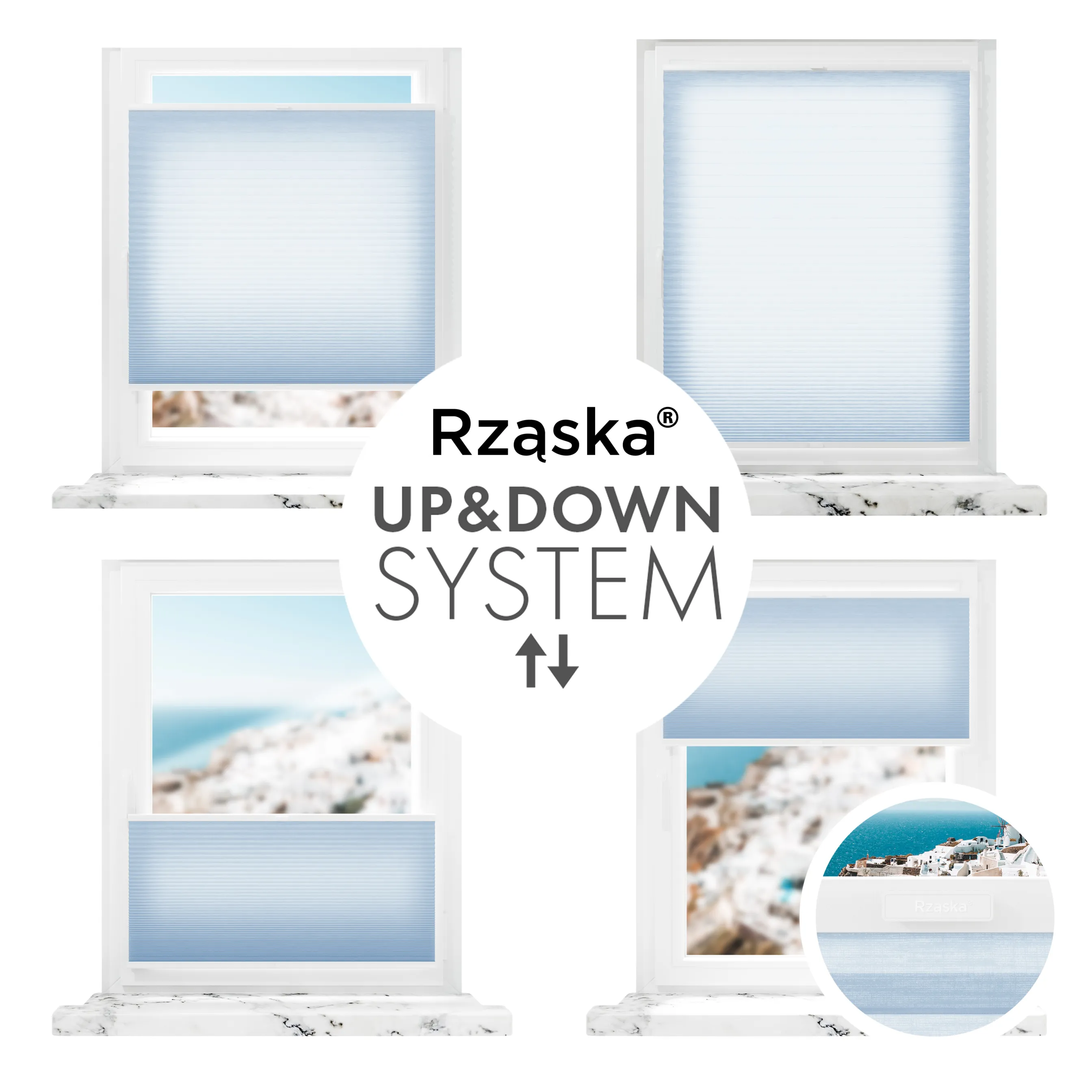 Rząska® bezinwazyjna roleta termoizolacyjna na wymiar • Thermo Honeycomb (Plaster Miodu): kolor tkaniny Niebiański sorbet, jasnoniebieski • Risinfix Double 2w1 • kolor profili biały