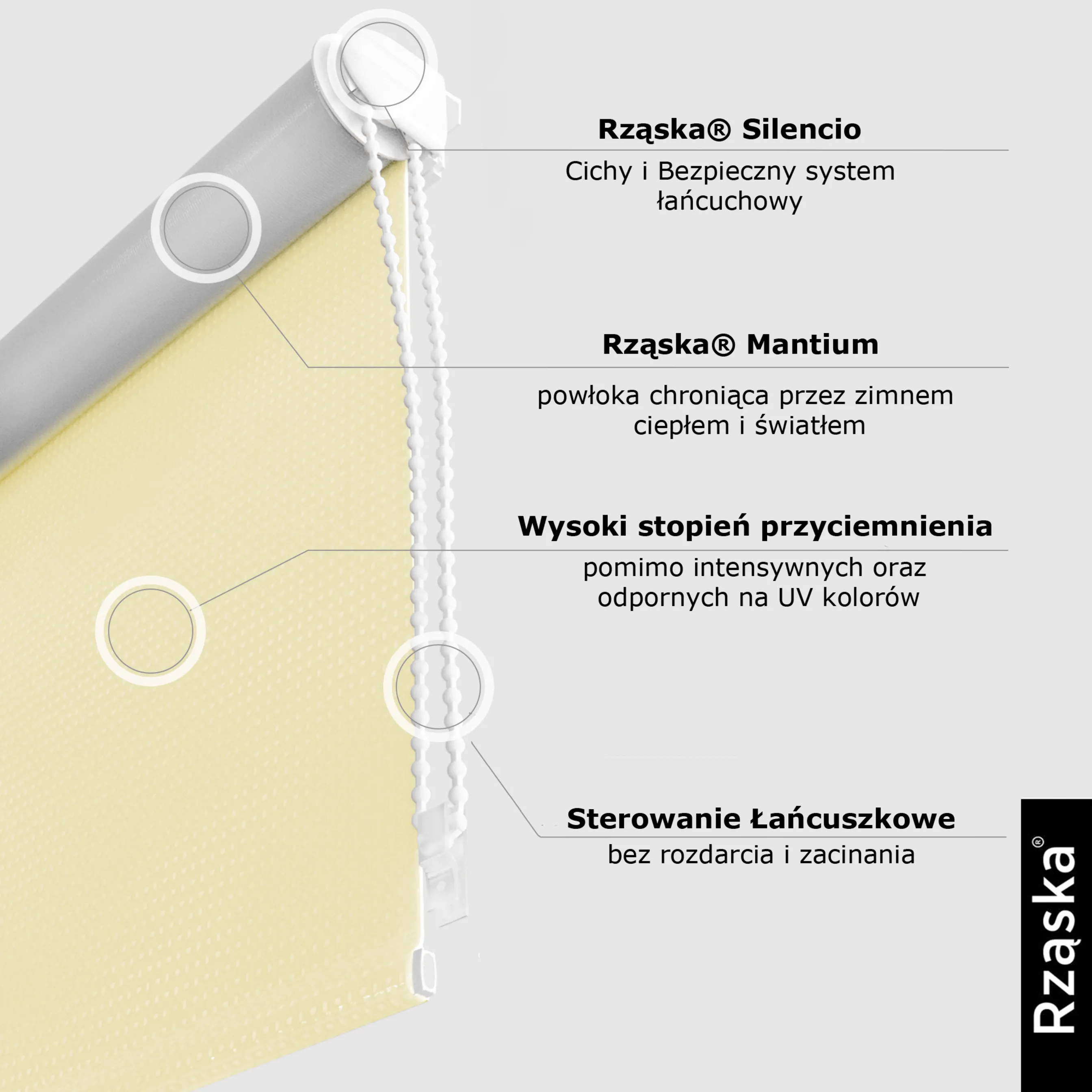 Roleta zaciemniająca Rząska® na wymiar, kolekcja Thermo, uchwyty bezinwazyjne i inwazyjne 2w1 w kolorze Piasczysty brzeg, beżowym z profilem białym.