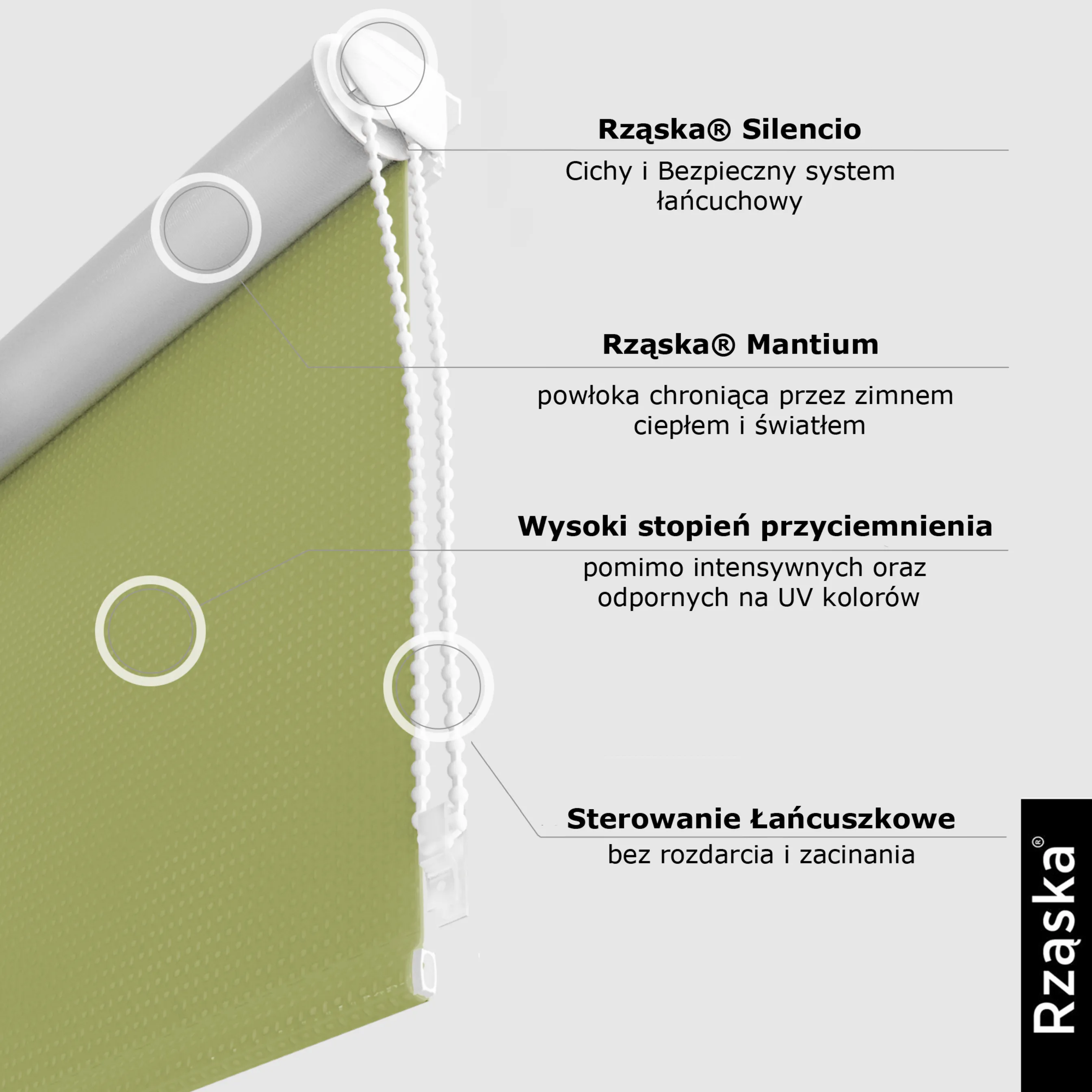 Roleta zaciemniająca Rząska® na wymiar, kolekcja Thermo, uchwyty bezinwazyjne i inwazyjne 2w1 w kolorze Oliwa europejska, zielonym z profilem białym.