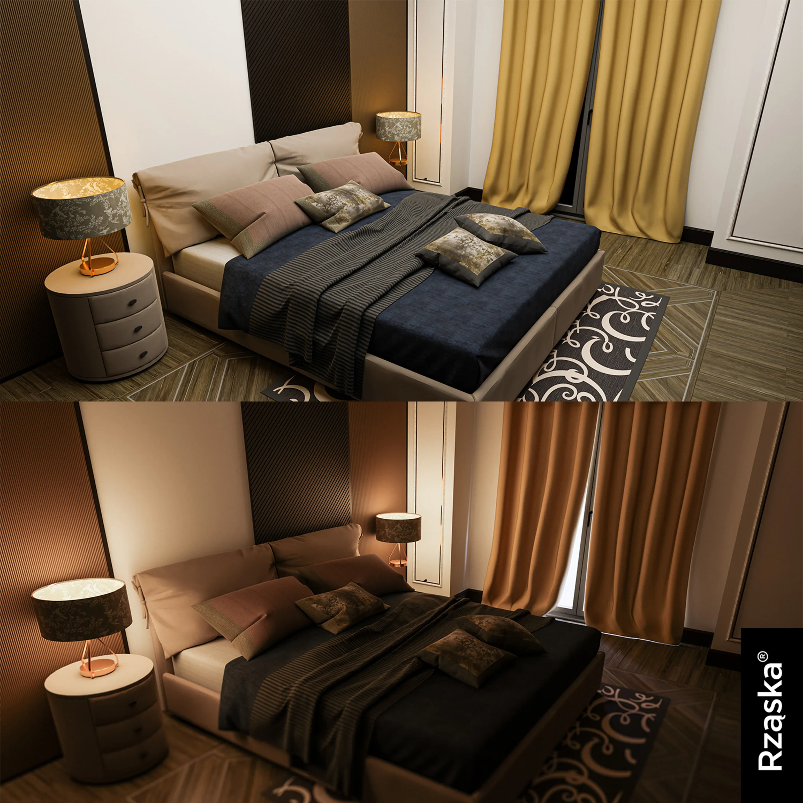 Zasłony zaciemniające Rząska® na przelotkach z kolekcji Century Black, łatwe w pielęgnacji, w kolorze Misty White, biało-szarym.