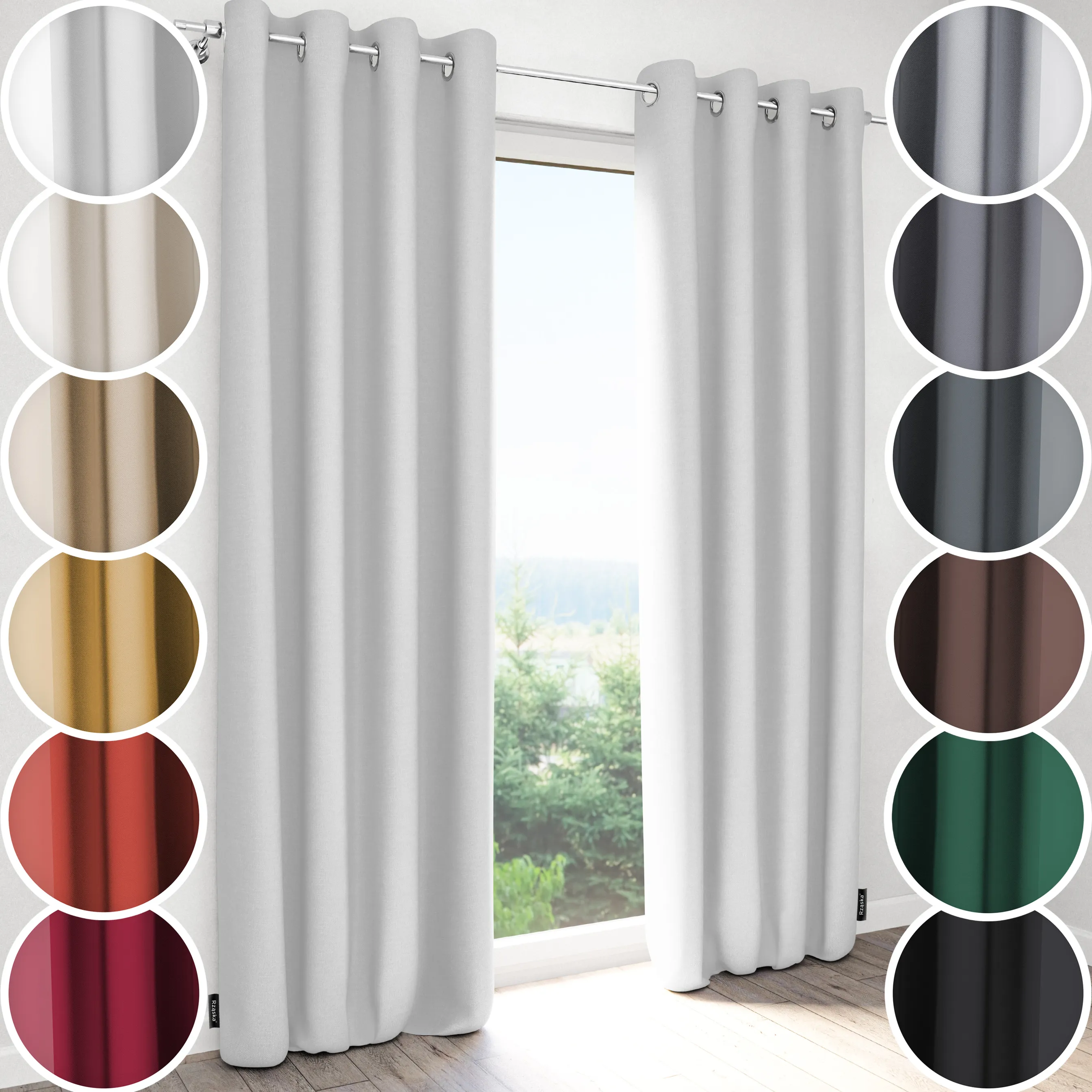 Zasłony zaciemniające Rząska® na przelotkach z kolekcji Century Black, łatwe w pielęgnacji, w kolorze Misty White, biało-szarym.