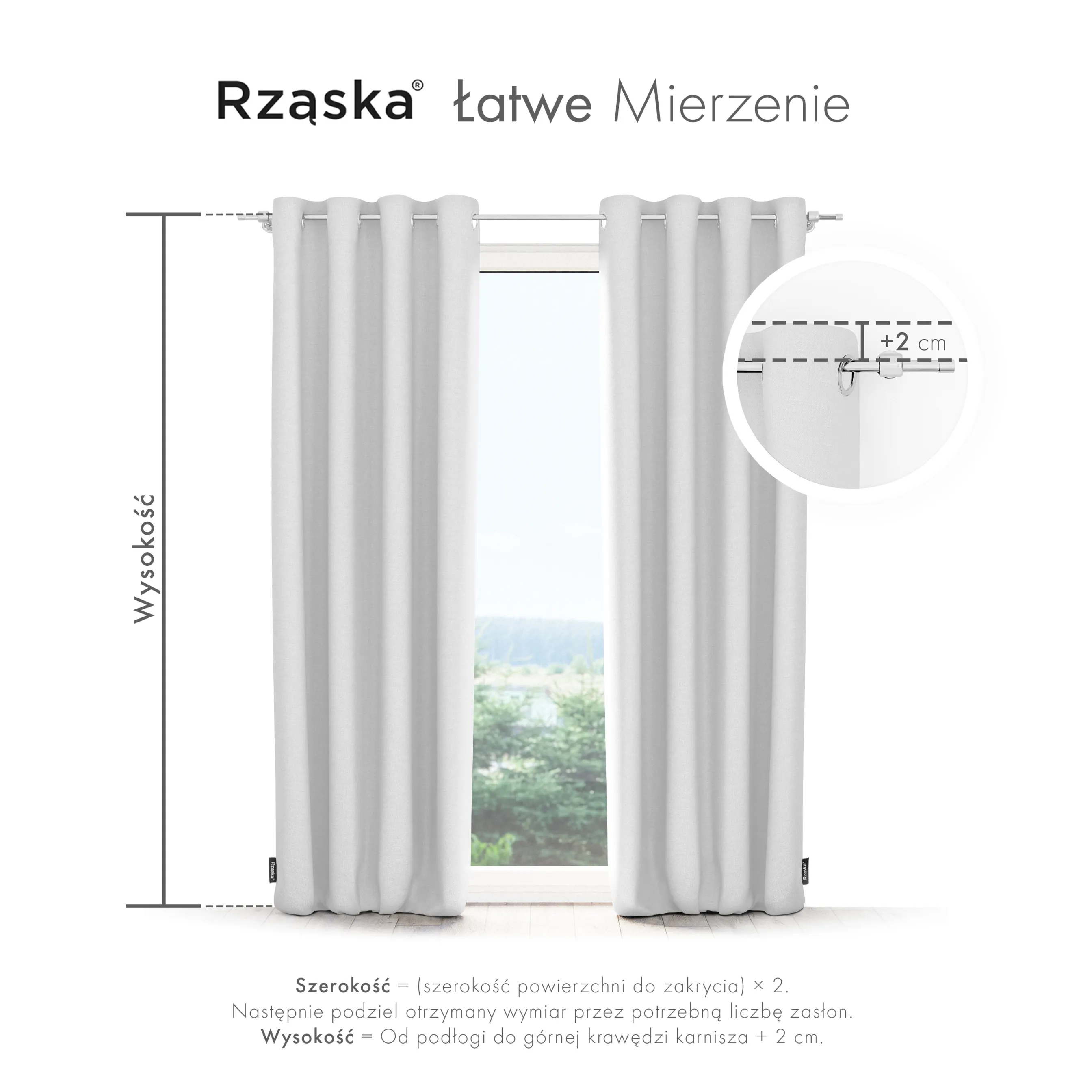 Zasłony zaciemniające Rząska® na przelotkach z kolekcji Century Black, łatwe w pielęgnacji, w kolorze Misty White, biało-szarym.
