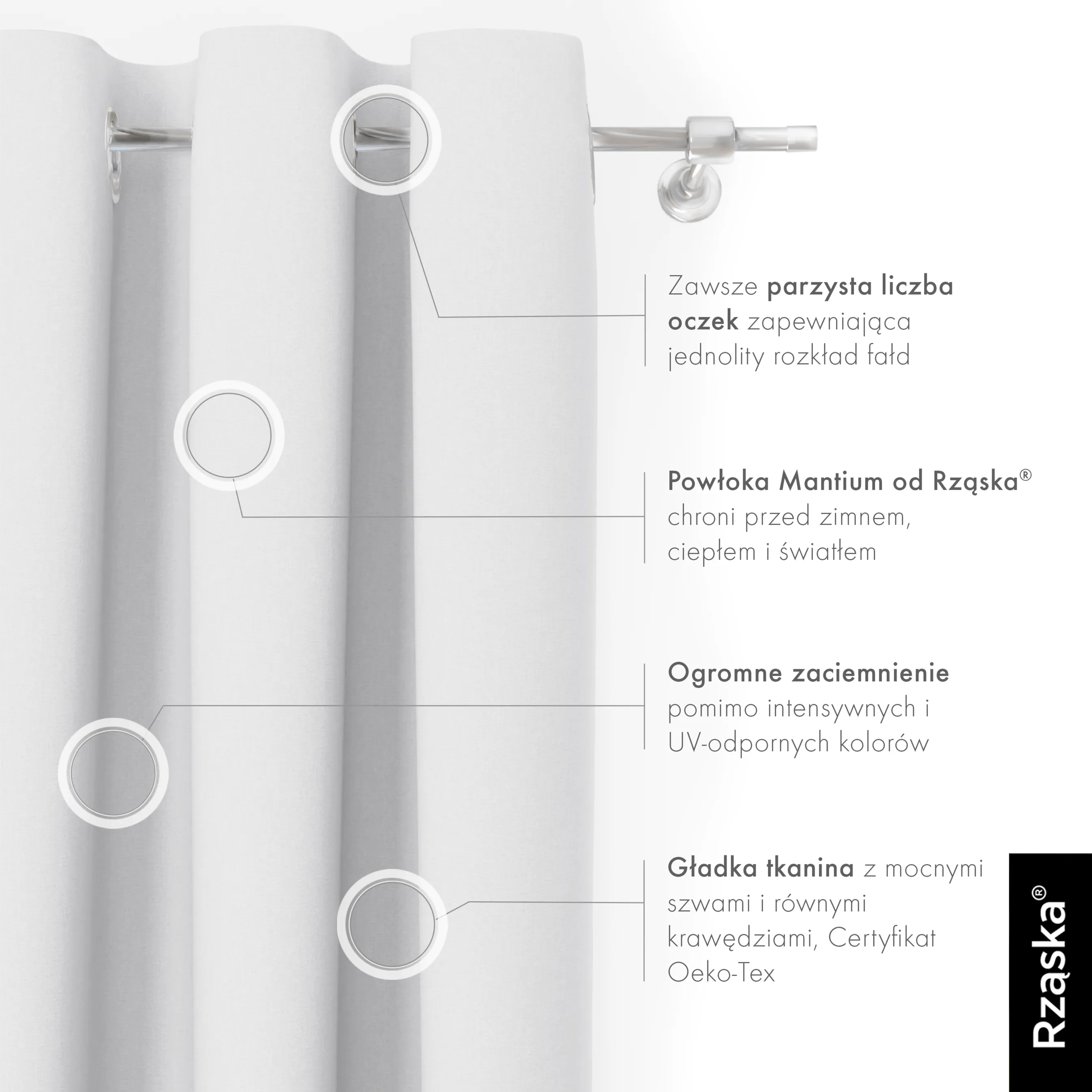 Zasłony zaciemniające Rząska® na przelotkach z kolekcji Century Black, łatwe w pielęgnacji, w kolorze Misty White, biało-szarym.