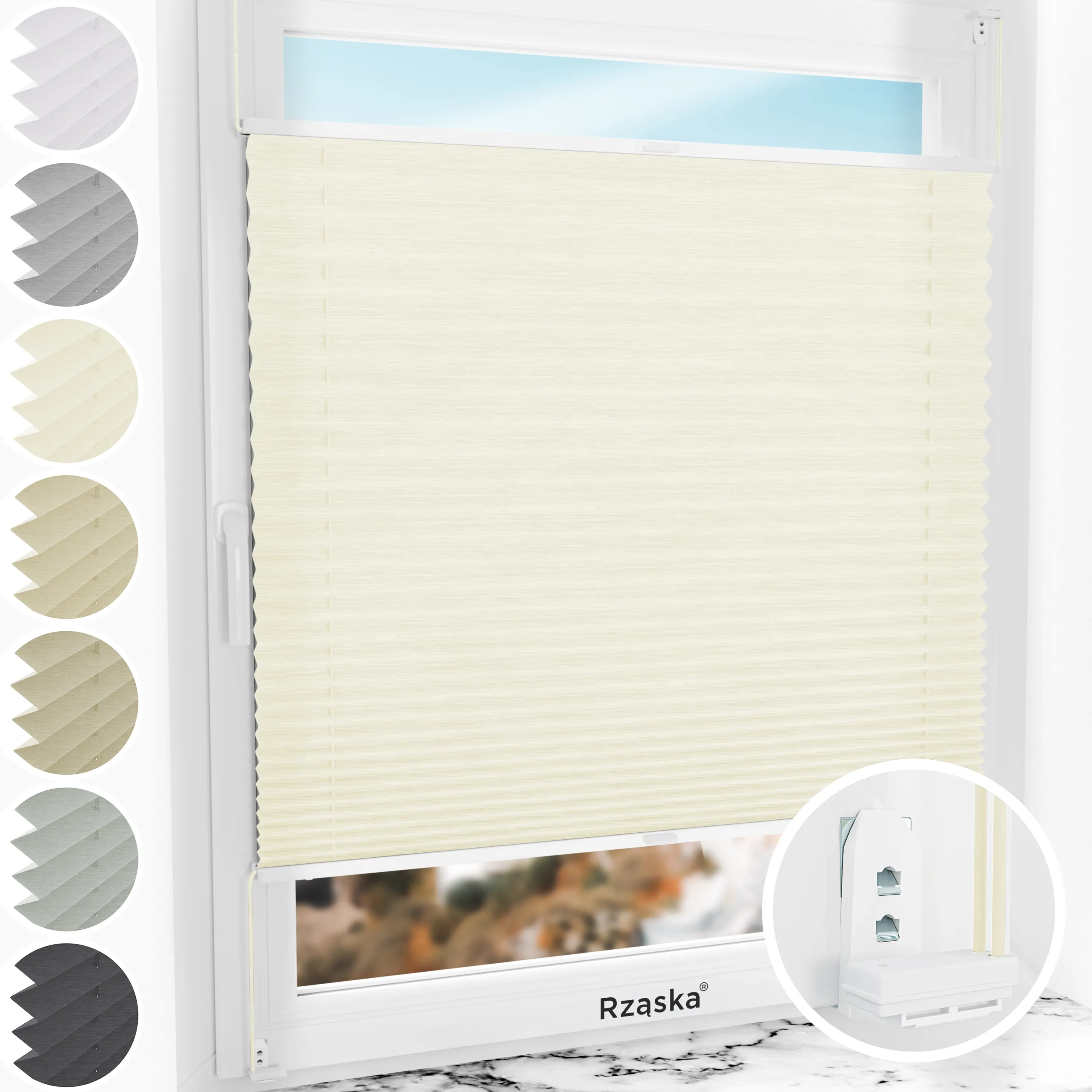 Inwazyjne plisy okienne Rząska® na wymiar, uchwyty Risinfix Double 2w1, kolekcja Dolomite w kolorze Waniliowe niebo, beżowym z profilem białym.