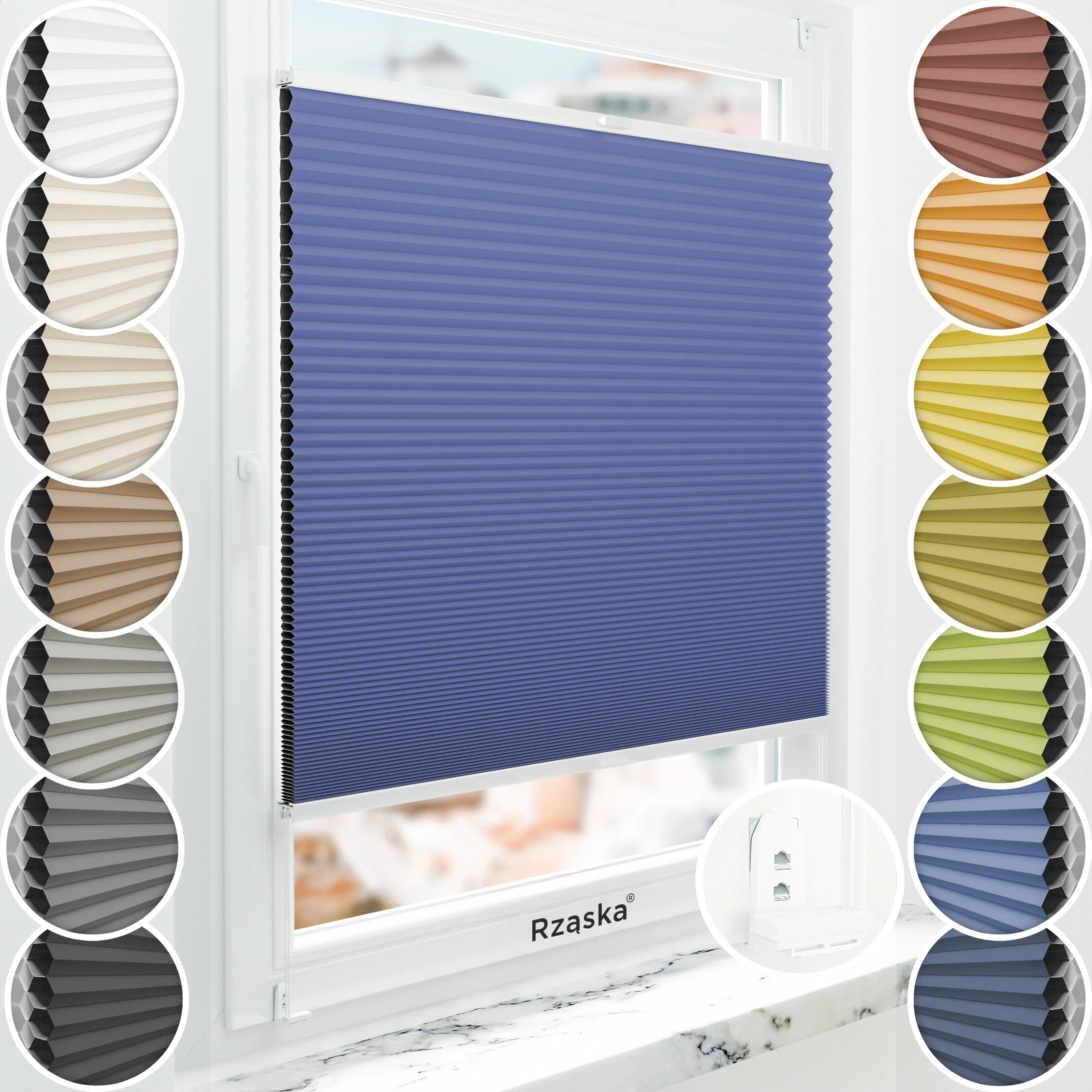 Inwazyjne plisy zaciemniające Rząska® na wymiar o strukturze plastra miodu kolekcja Honeycomb w kolorze Linia horyzontu, niebieskim z profilem białym.