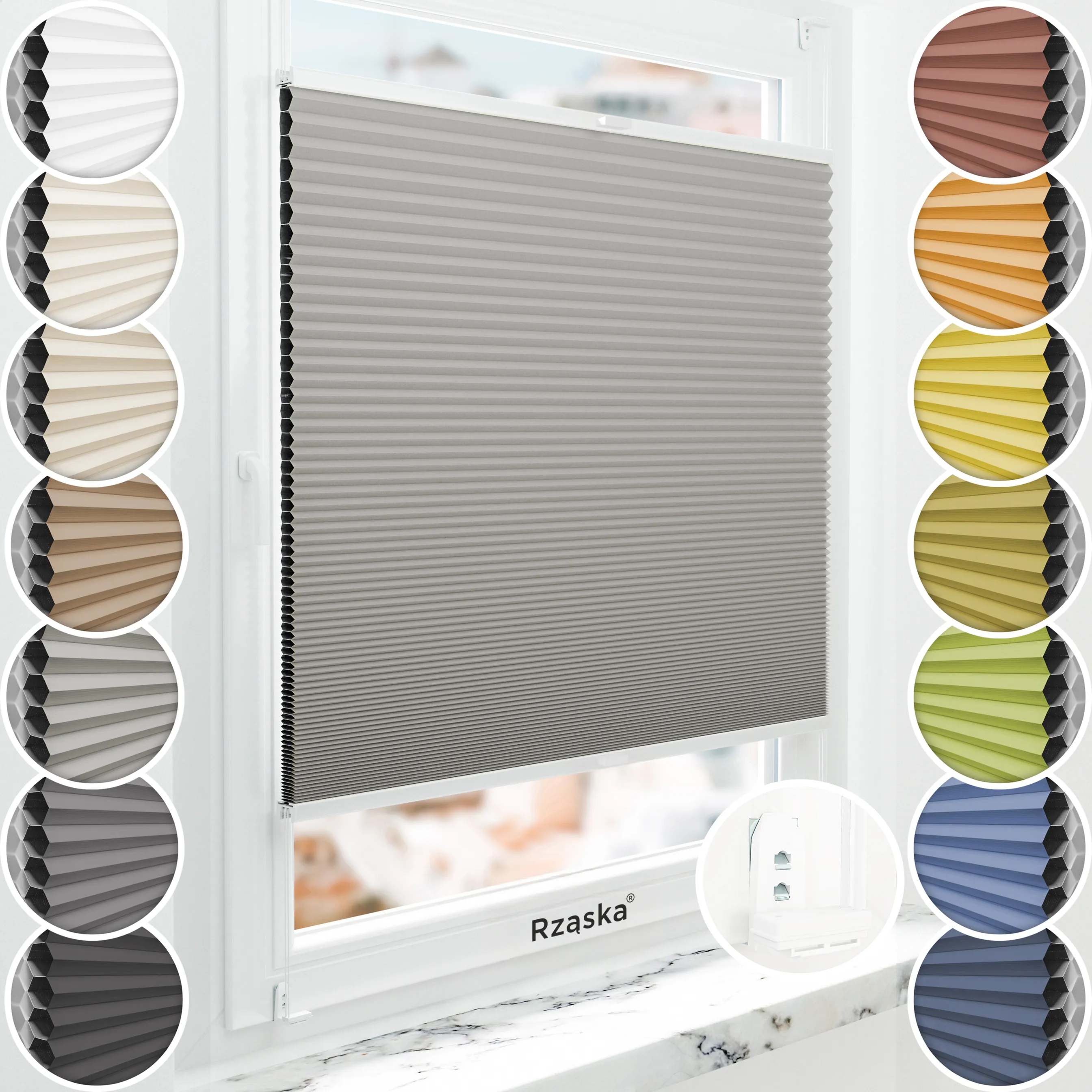 Inwazyjne plisy zaciemniające Rząska® na wymiar o strukturze plastra miodu kolekcja Honeycomb w kolorze Srebrna mgiełka, szarym z profilem białym.