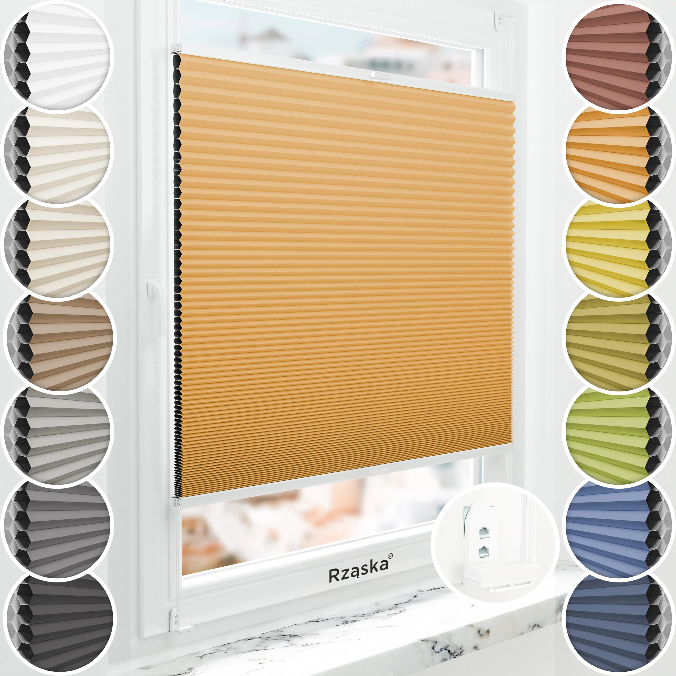 Inwazyjne plisy zaciemniające Rząska® na wymiar o strukturze plastra miodu kolekcja Honeycomb w kolorze Cytrusowa poświata, pomarańczowym z profilem białym.