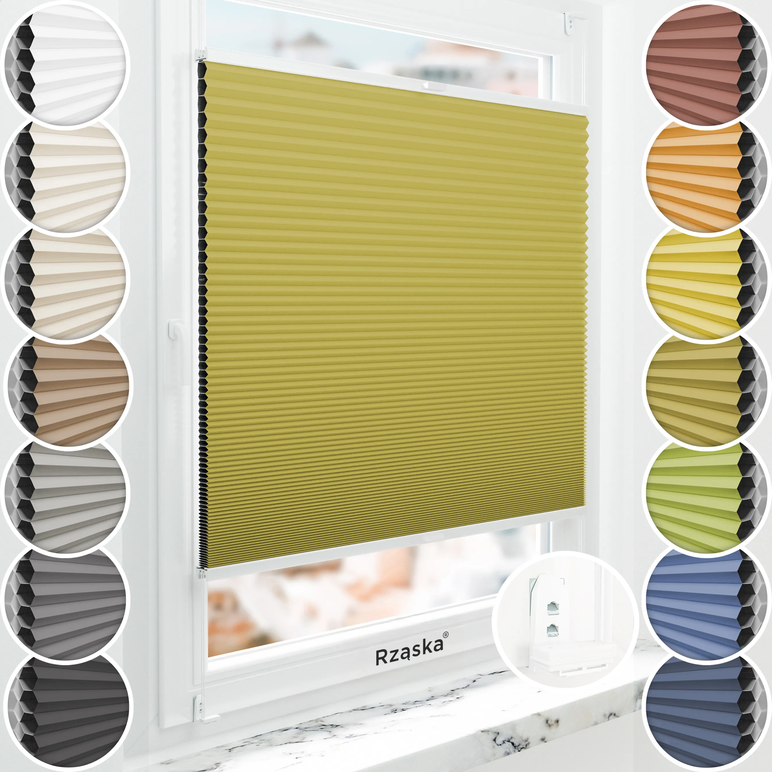Inwazyjne plisy zaciemniające Rząska® na wymiar o strukturze plastra miodu kolekcja Honeycomb w kolorze Gałązka oliwna, żółtym z profilem białym.