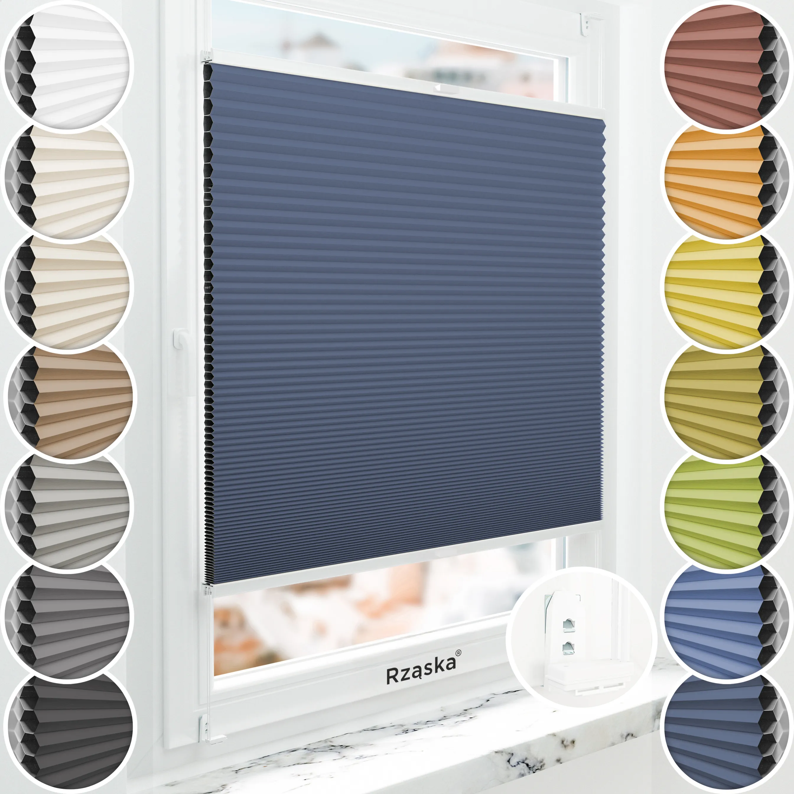 Inwazyjne plisy zaciemniające Rząska® na wymiar o strukturze plastra miodu kolekcja Honeycomb w kolorze Arktyczny ocean, ciemnoniebieskim z profilem białym.