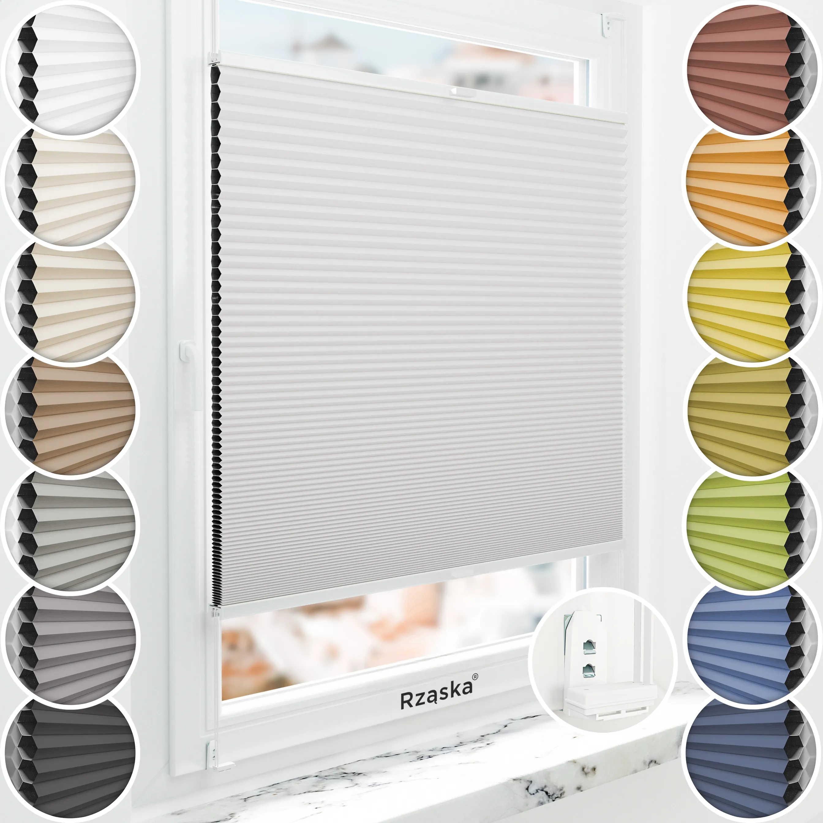 Inwazyjne plisy zaciemniające Rząska® na wymiar o strukturze plastra miodu kolekcja Honeycomb w kolorze Szary Dotyk, pastelowym szarym z profilem białym.