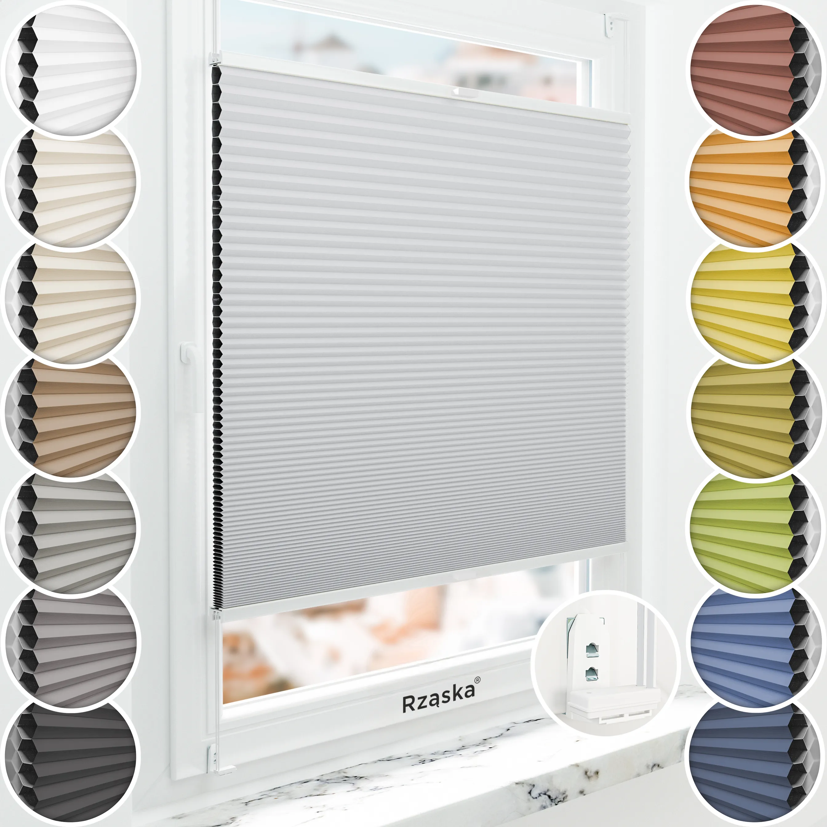 Inwazyjne plisy zaciemniające Rząska® na wymiar o strukturze plastra miodu kolekcja Honeycomb w kolorze Szept Poranka, jasnoszarym z profilem białym.