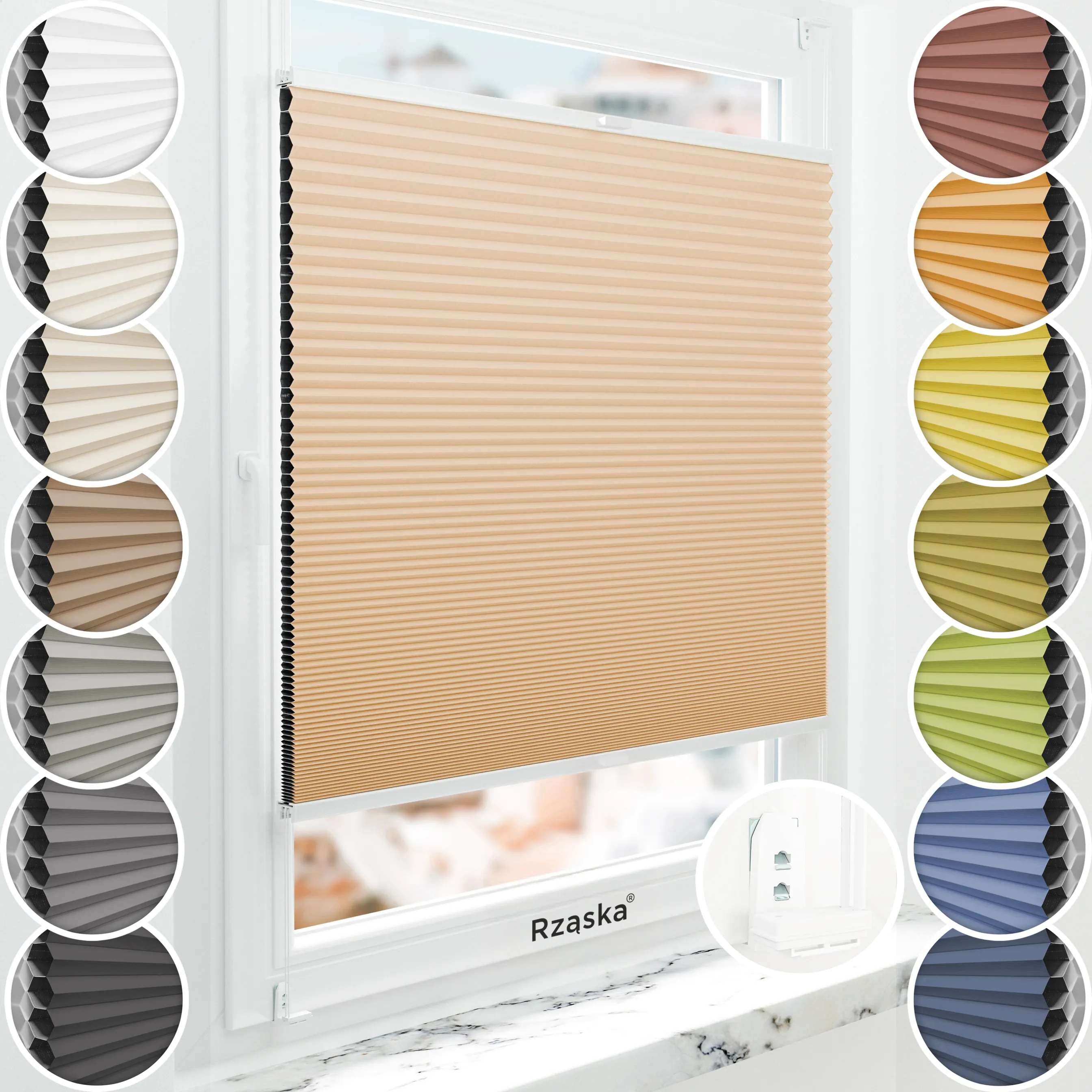 Inwazyjne plisy zaciemniające Rząska® na wymiar o strukturze plastra miodu kolekcja Honeycomb w kolorze Pustynne Światło, piaskowym z profilem białym.