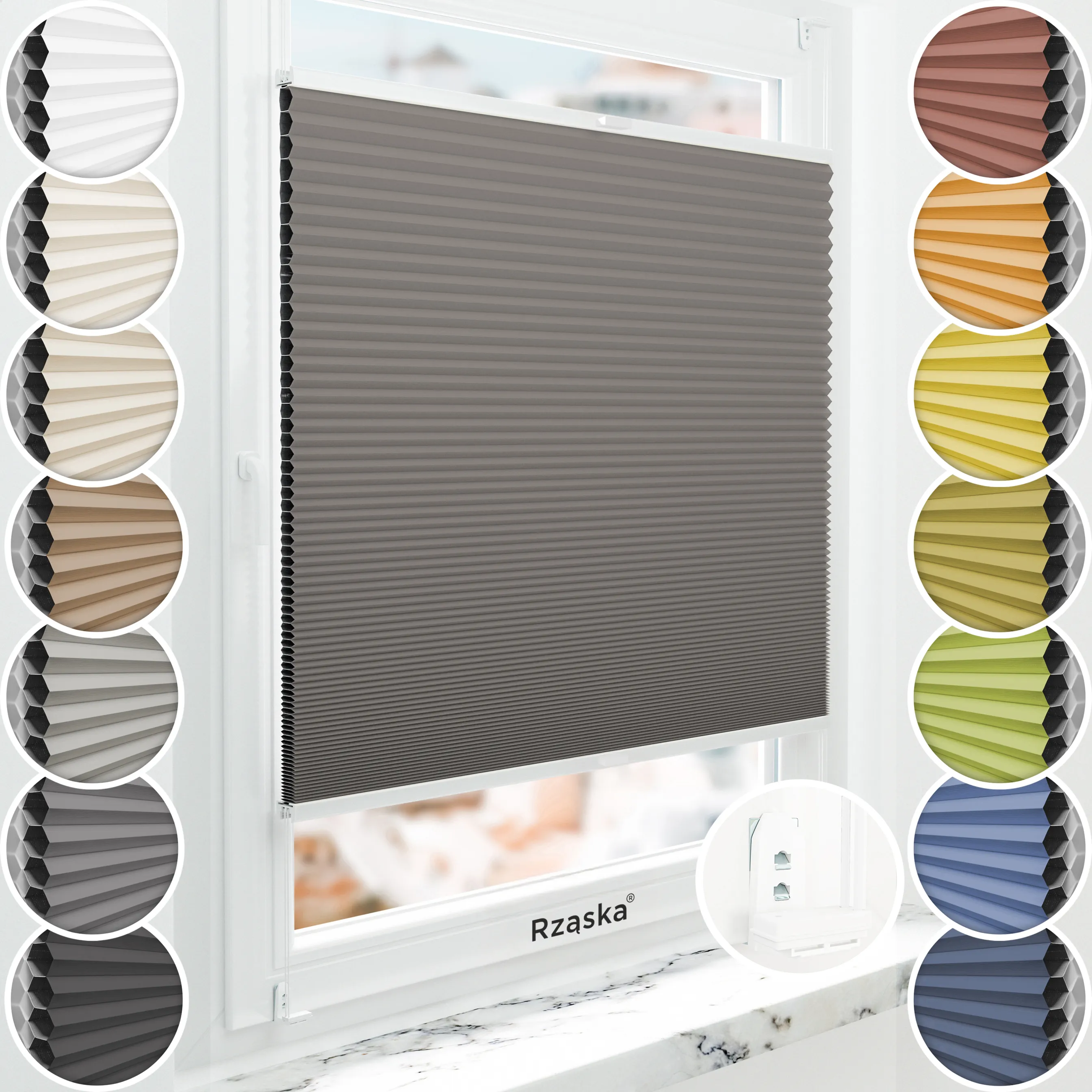 Inwazyjne plisy zaciemniające Rząska® na wymiar o strukturze plastra miodu kolekcja Honeycomb w kolorze Szwajcarska czekolada, szarobrązowym z profilem białym.