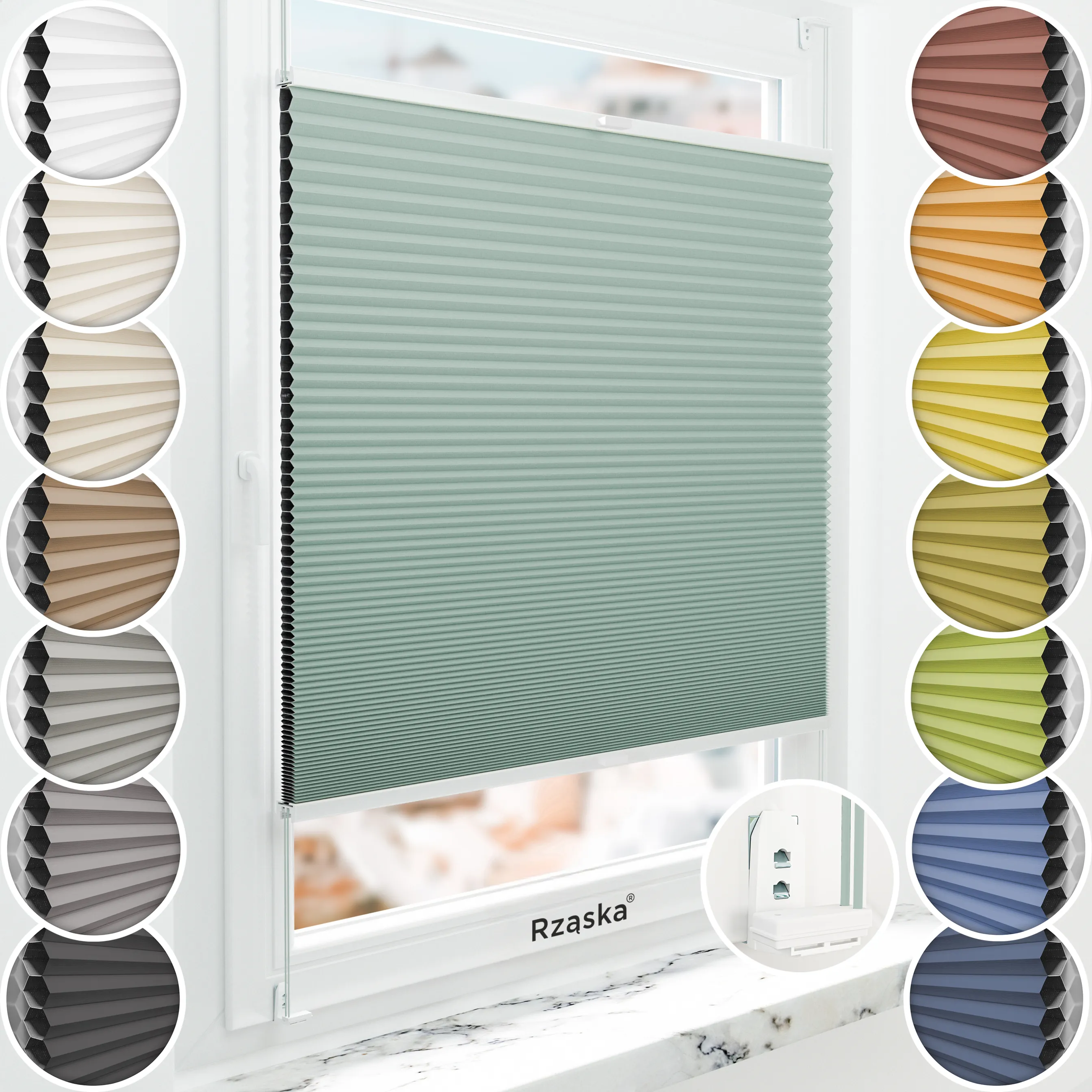 Inwazyjne plisy zaciemniające Rząska® na wymiar o strukturze plastra miodu kolekcja Honeycomb w kolorze Królestwo Oz, jasnozielonym z profilem białym.