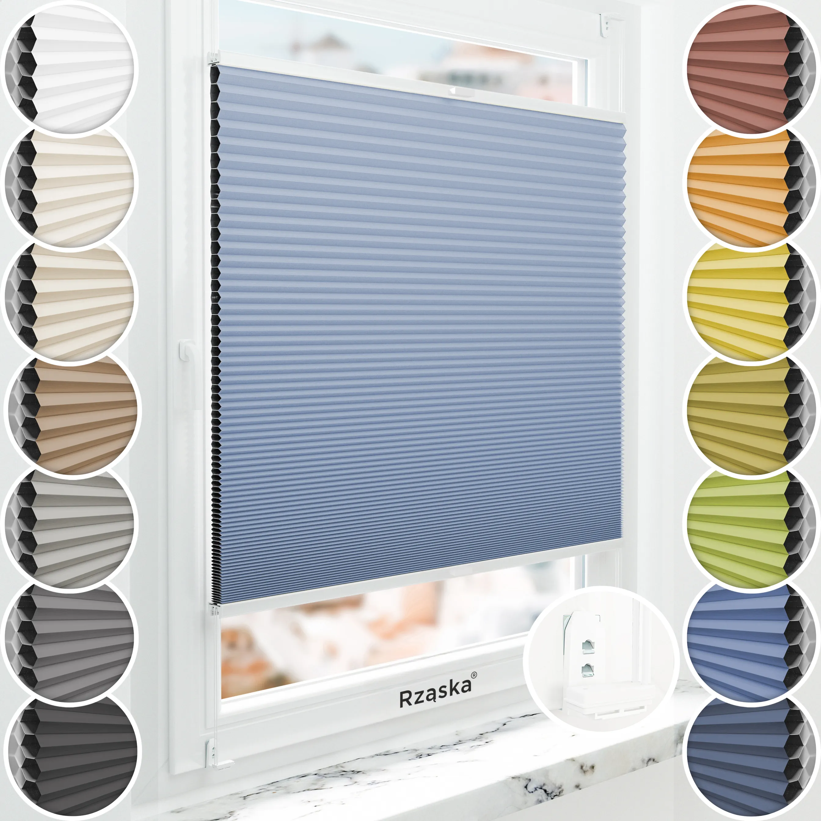 Inwazyjne plisy zaciemniające Rząska® na wymiar o strukturze plastra miodu kolekcja Honeycomb w kolorze Lodowy Ocean, jasnoniebieskim z profilem białym.