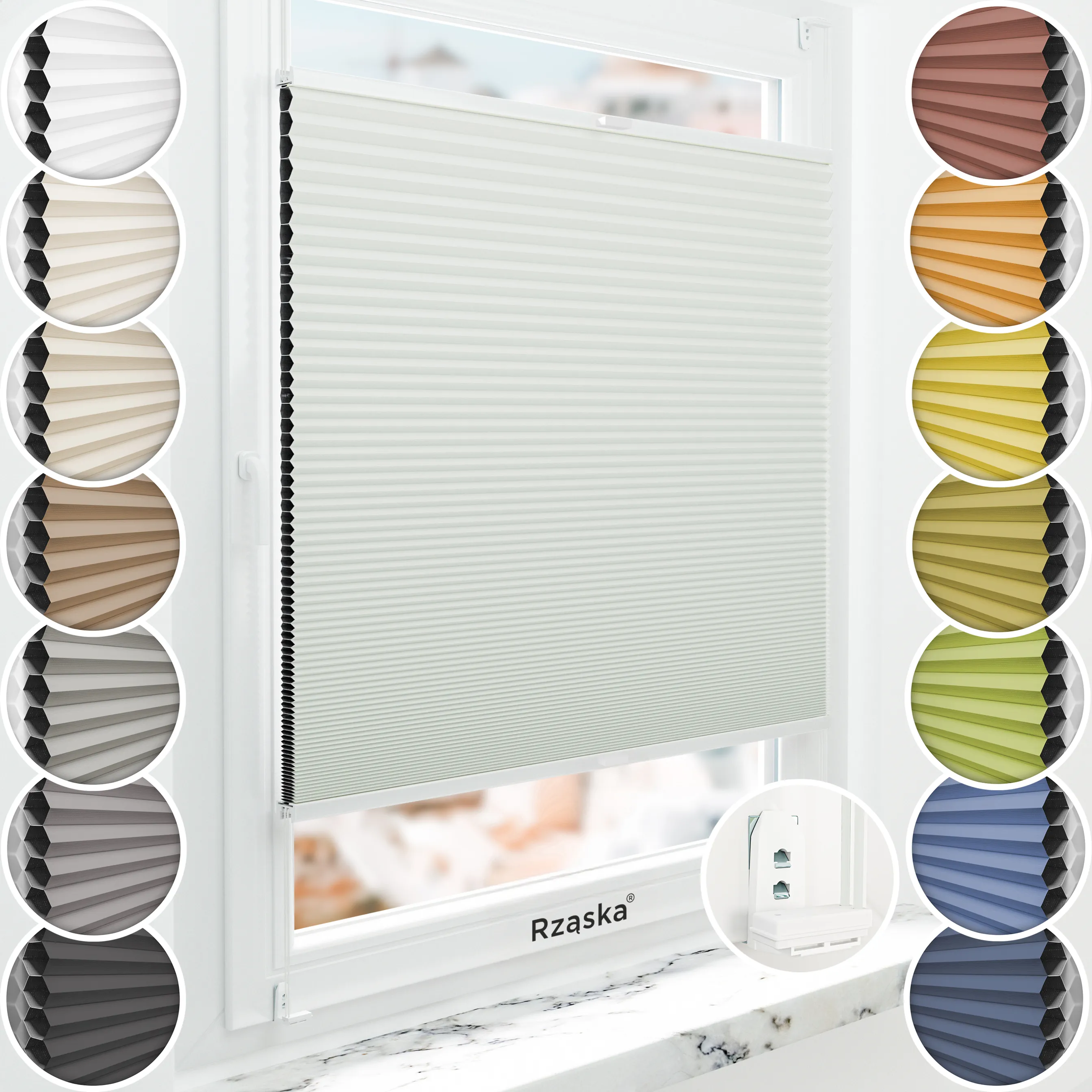 Inwazyjne plisy zaciemniające Rząska® na wymiar o strukturze plastra miodu kolekcja Honeycomb w kolorze Dzwoneczkowy Pył, pastelowa zieleń z profilem białym.