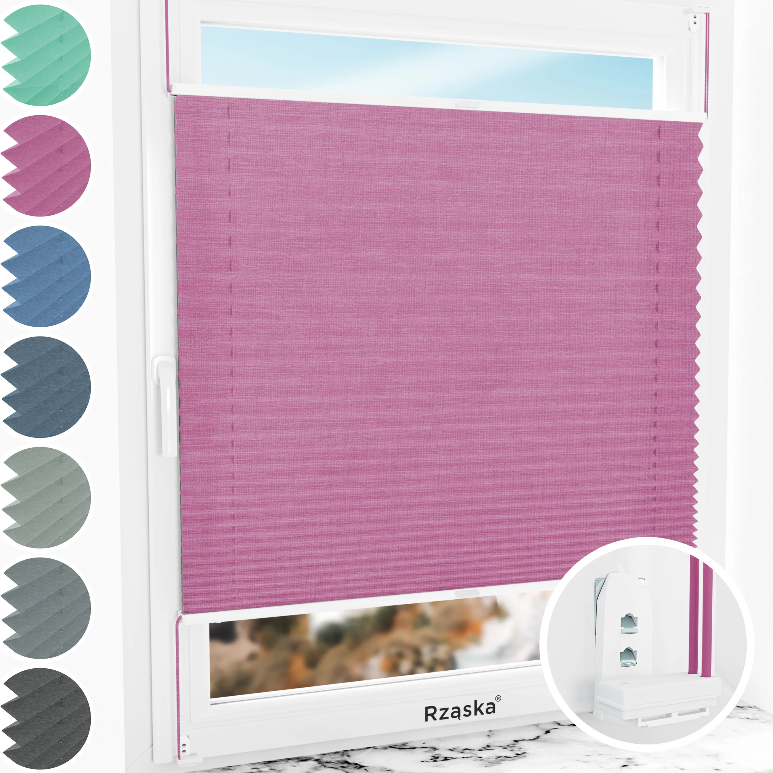 Inwazyjne rolety okienne wewnętrzne Rząska® na wymiar, uchwyty Risinfix Double 2w1, kolekcja Melange w kolorze Magiczny róż, różowym z profilem białym.