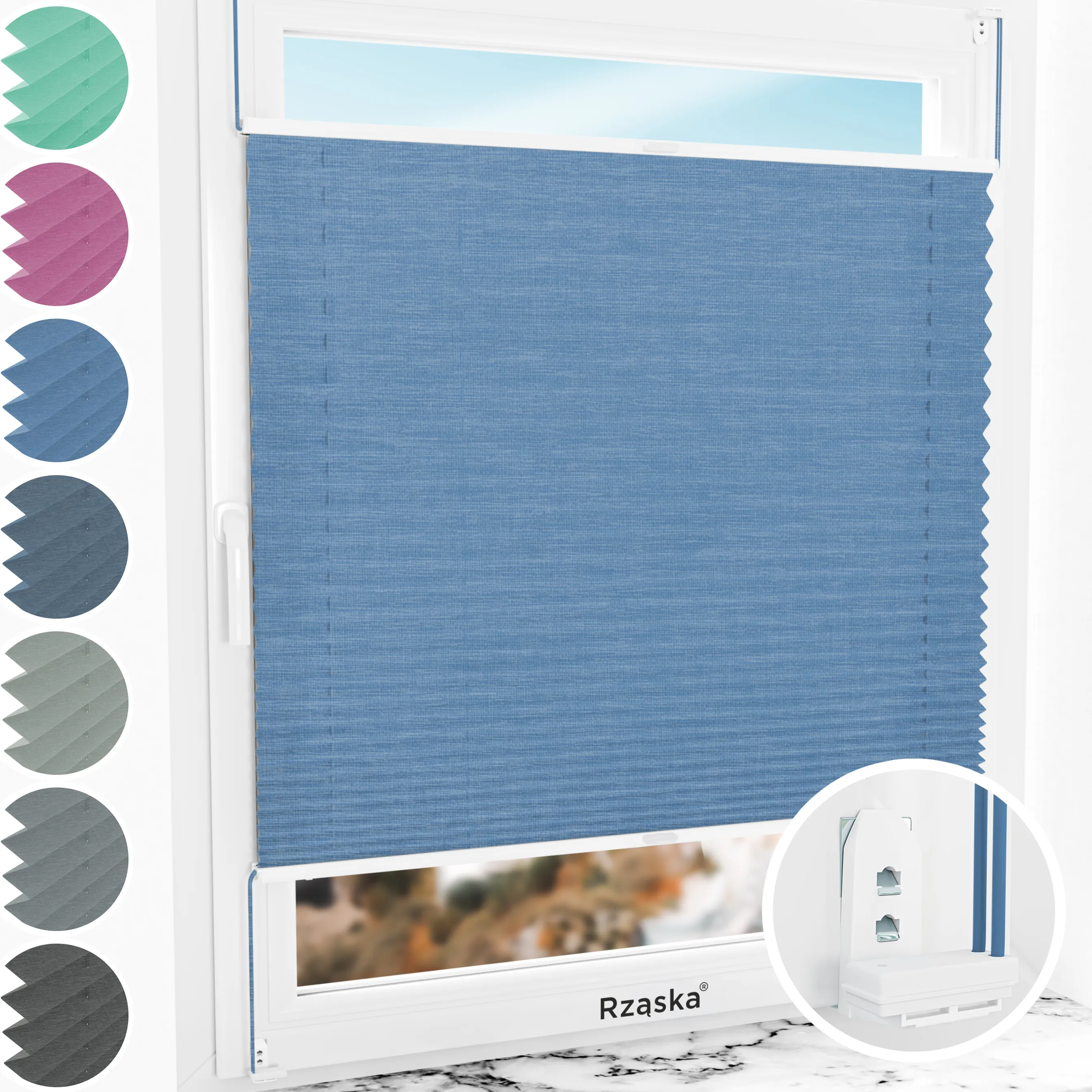 Inwazyjne rolety okienne wewnętrzne Rząska® na wymiar, uchwyty Risinfix Double 2w1, kolekcja Melange w kolorze Głębokie morze, niebieskim z profilem białym.