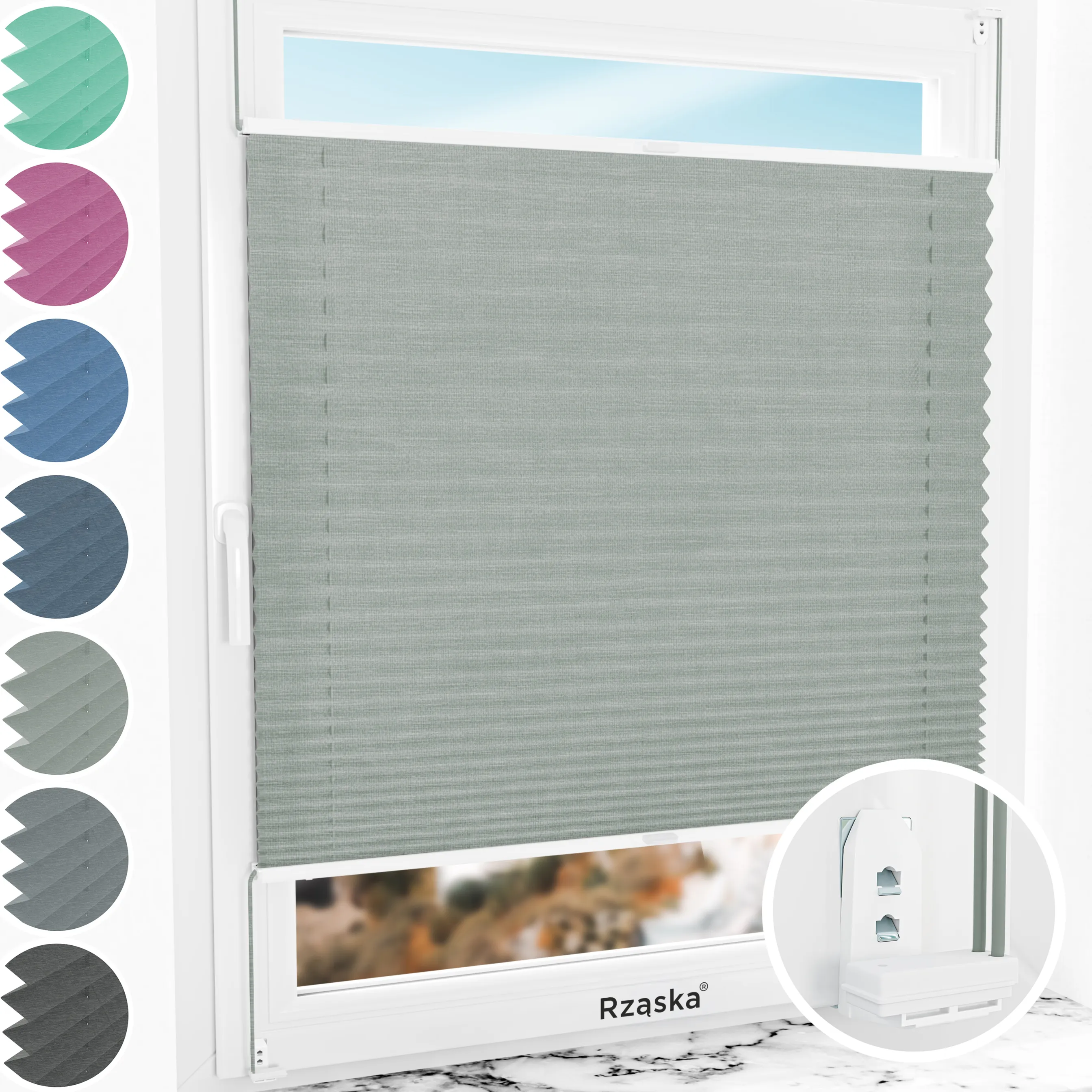 Inwazyjne rolety okienne wewnętrzne Rząska® na wymiar, uchwyty Risinfix Double 2w1, kolekcja Melange w kolorze W drodze, szarym z profilem białym.