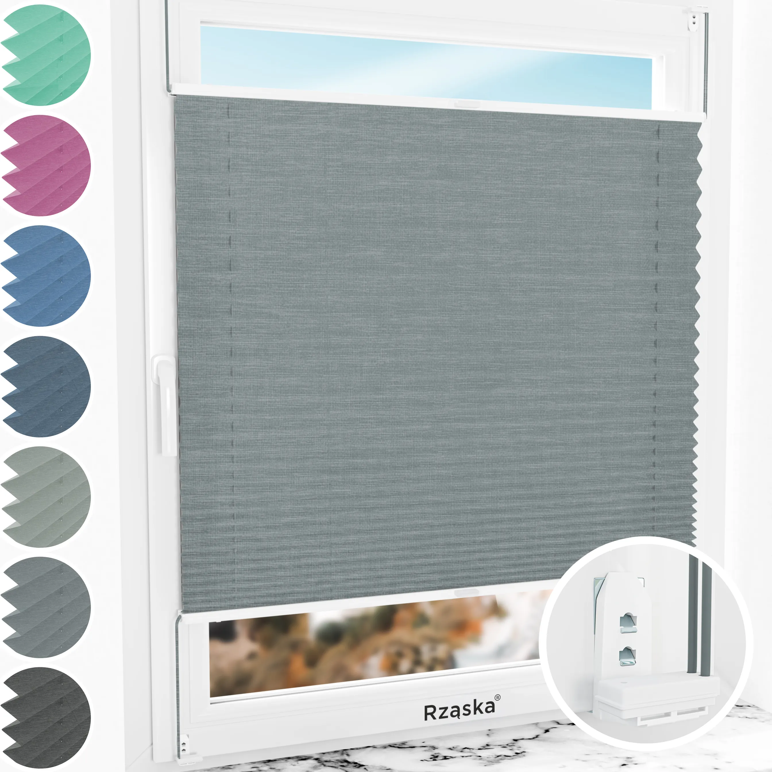 Inwazyjne rolety okienne wewnętrzne Rząska® na wymiar, uchwyty Risinfix Double 2w1, kolekcja Melange w kolorze Góry skaliste, szarym z profilem białym.