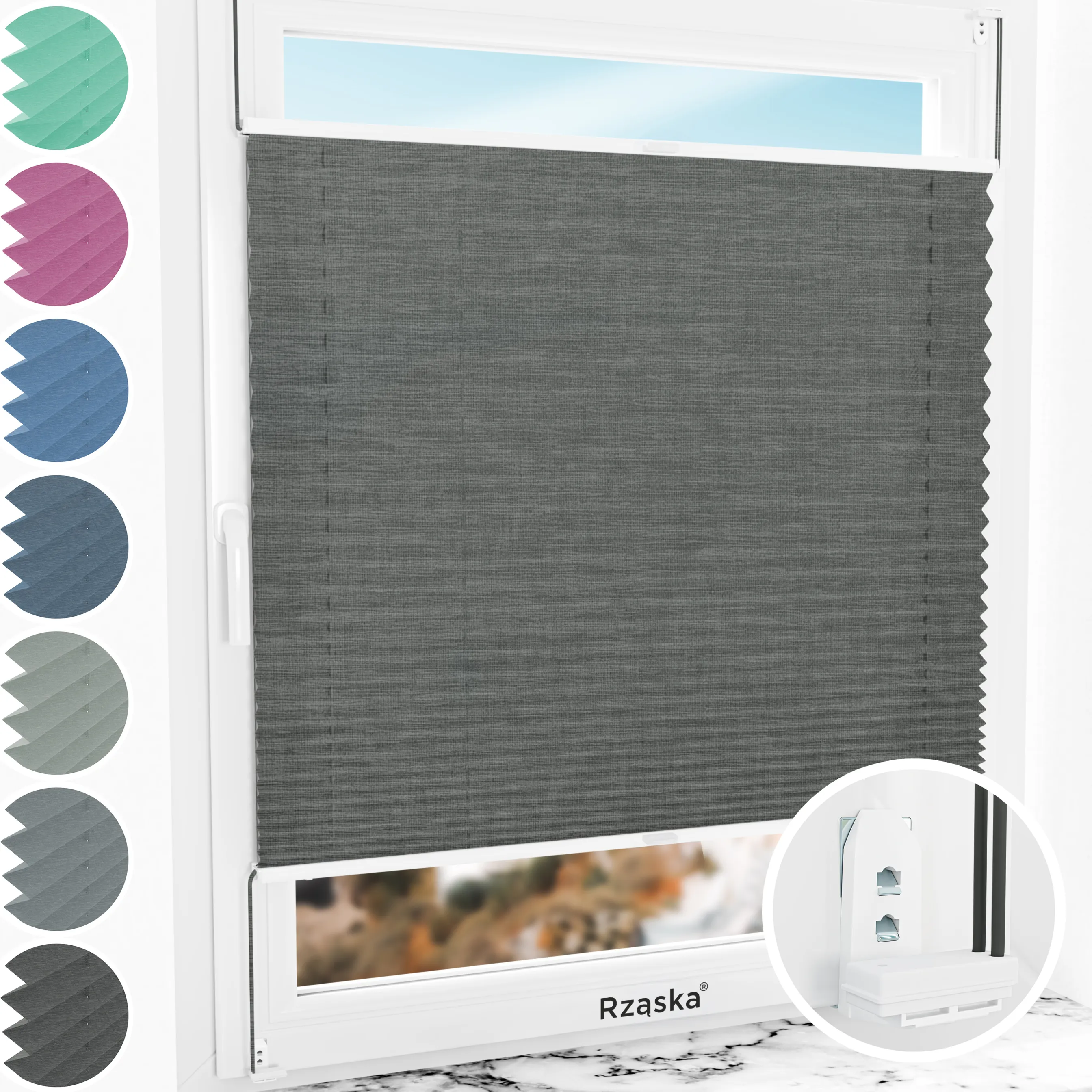 Inwazyjne rolety okienne wewnętrzne Rząska® na wymiar, uchwyty Risinfix Double 2w1, kolekcja Melange w kolorze Czarna perła, czarnym z profilem białym.