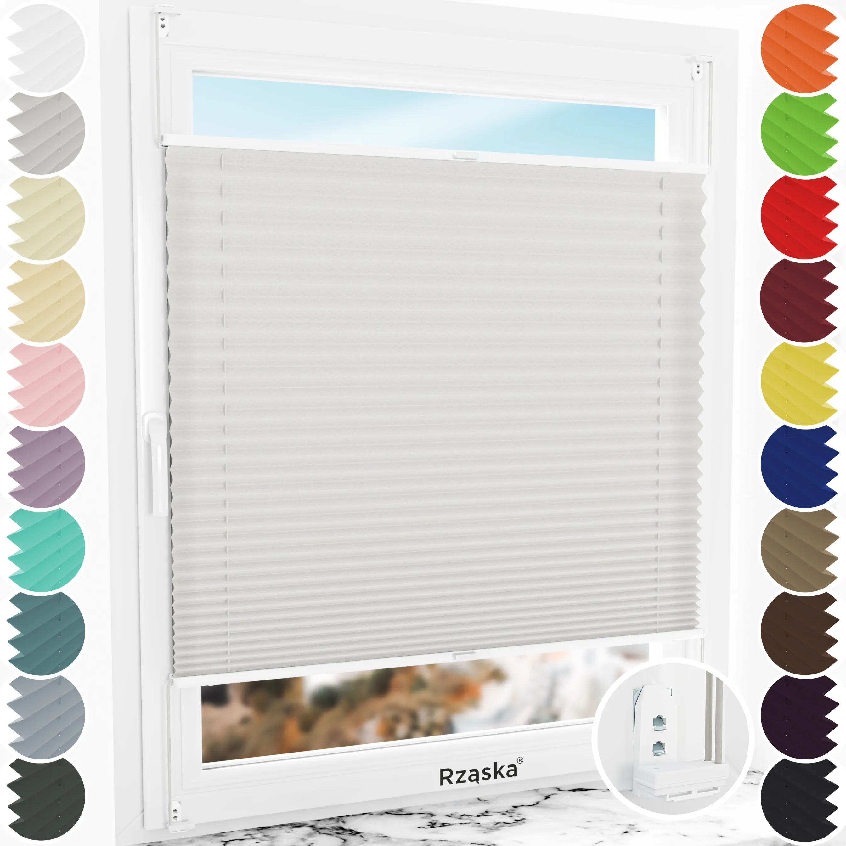 Inwazyjne rolety okienne wewnętrzne Rząska® na wymiar, uchwyty Risinfix Double 2w1, kolekcja Premium w kolorze Droga do domu, srebrnym z profilem białym.