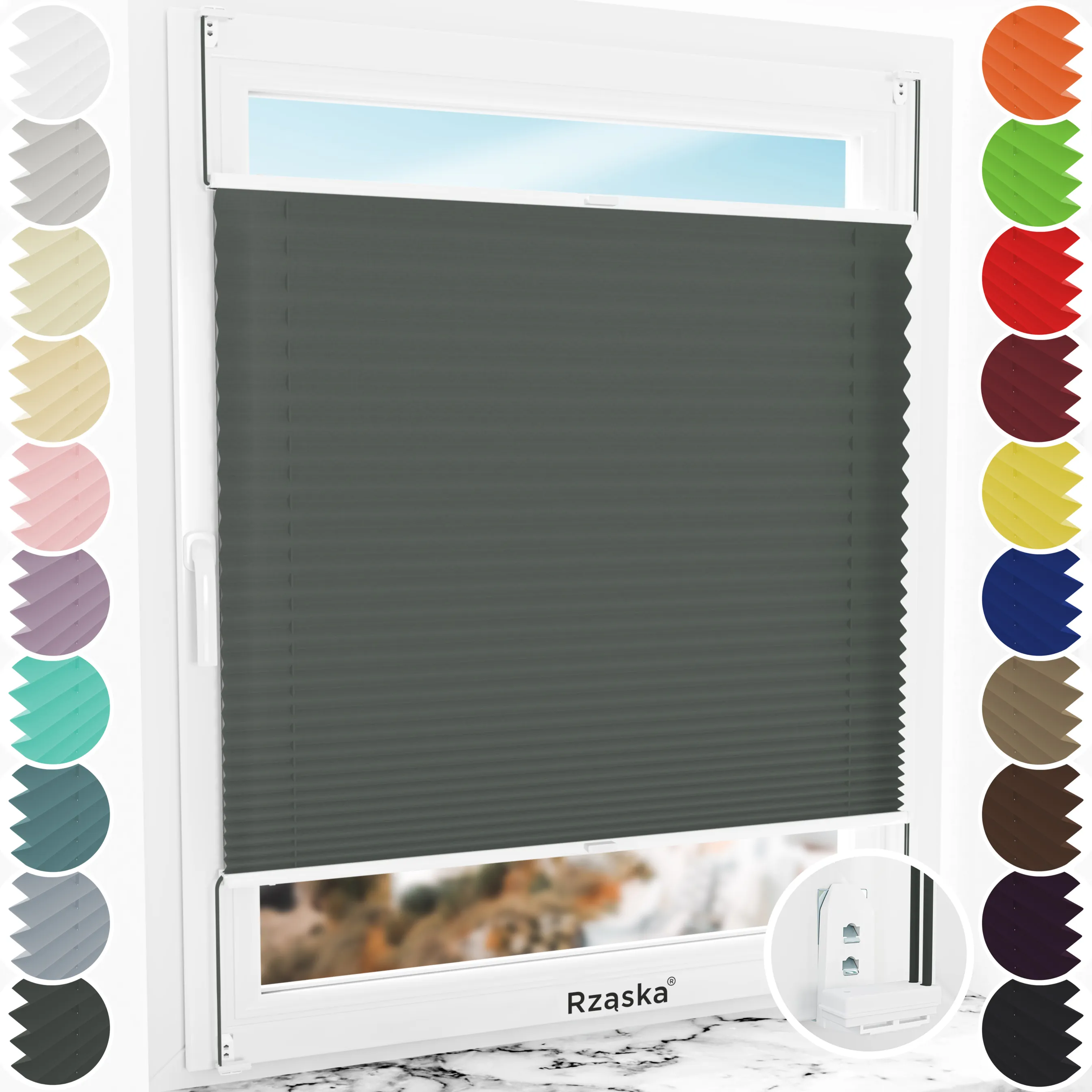 Inwazyjne rolety okienne wewnętrzne Rząska® na wymiar, uchwyty Risinfix Double 2w1, kolekcja Premium w kolorze Góry skalne, grafitowym z profilem białym.