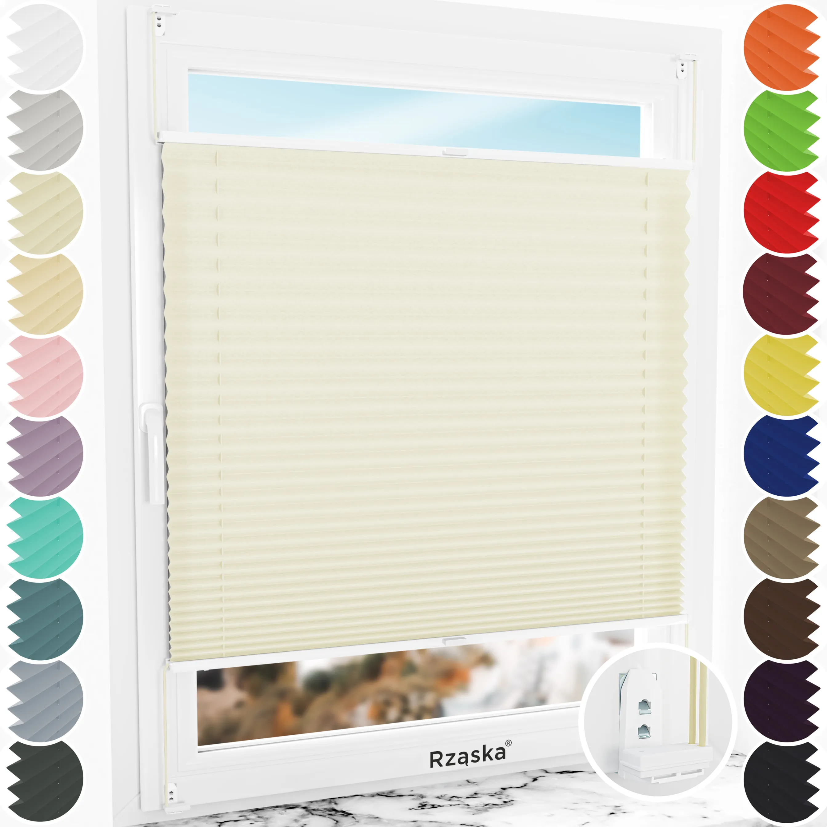 Inwazyjne rolety okienne wewnętrzne Rząska® na wymiar, uchwyty Risinfix Double 2w1, kolekcja Premium w kolorze Lody waniliowe, kremowym z profilem białym.