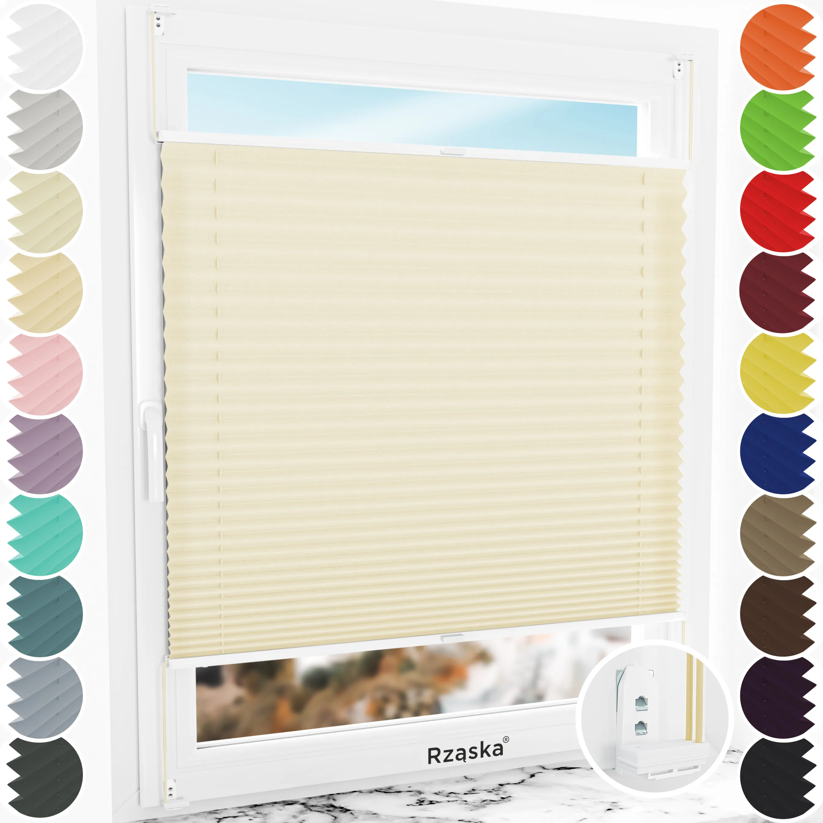 Inwazyjne rolety okienne wewnętrzne Rząska® na wymiar, uchwyty Risinfix Double 2w1, kolekcja Premium w kolorze Piasek Sahary, beżowym z profilem białym.