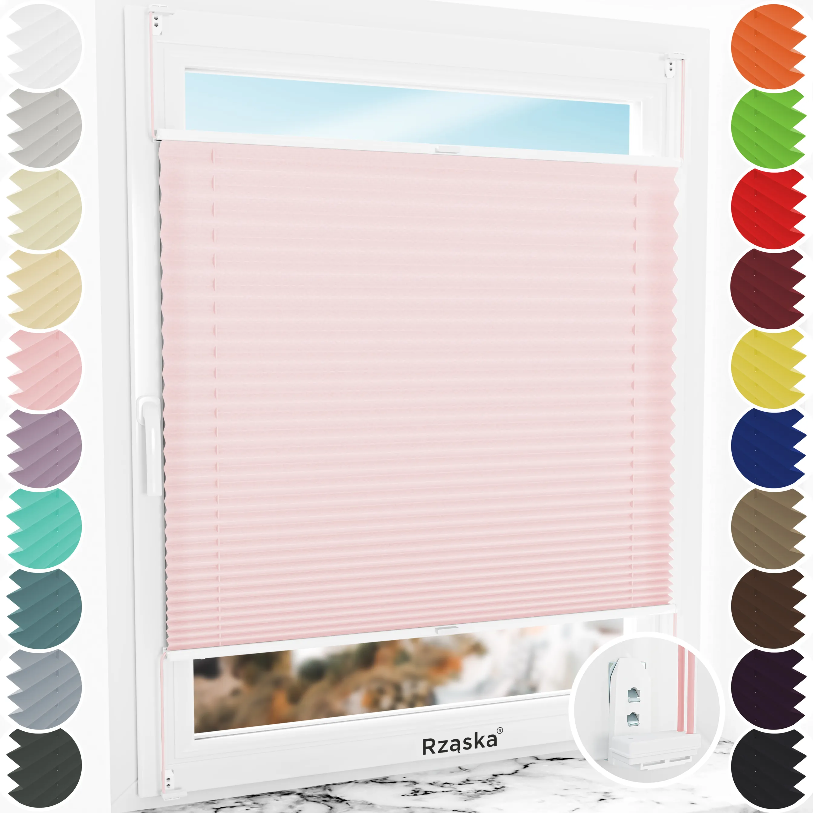 Inwazyjne rolety okienne wewnętrzne Rząska® na wymiar, uchwyty Risinfix Double 2w1, kolekcja Premium w kolorze Pudrowy róż, różowym z profilem białym.