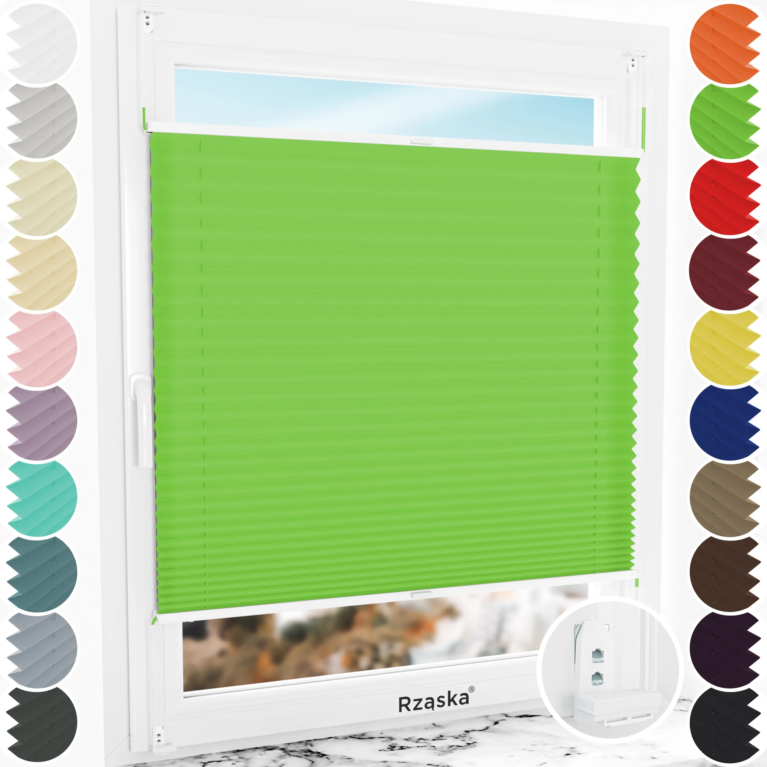 Inwazyjne rolety okienne wewnętrzne Rząska® na wymiar, uchwyty Risinfix Double 2w1, kolekcja Premium w kolorze Zielona łąka, zielonym z profilem białym.