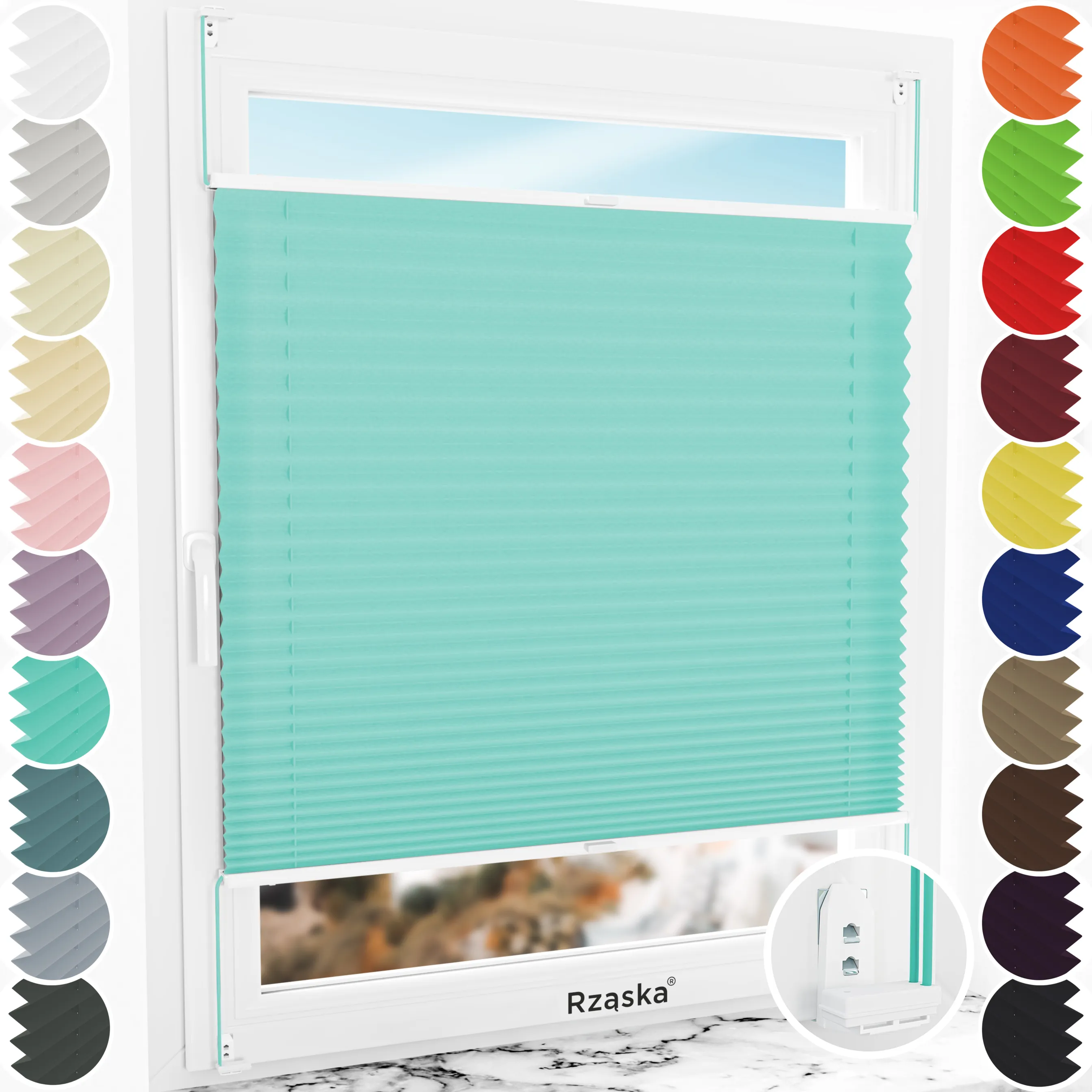 Inwazyjne rolety okienne wewnętrzne Rząska® na wymiar, uchwyty Risinfix Double 2w1, kolekcja Premium w kolorze Błękitny ocean, turkusowym z profilem białym.