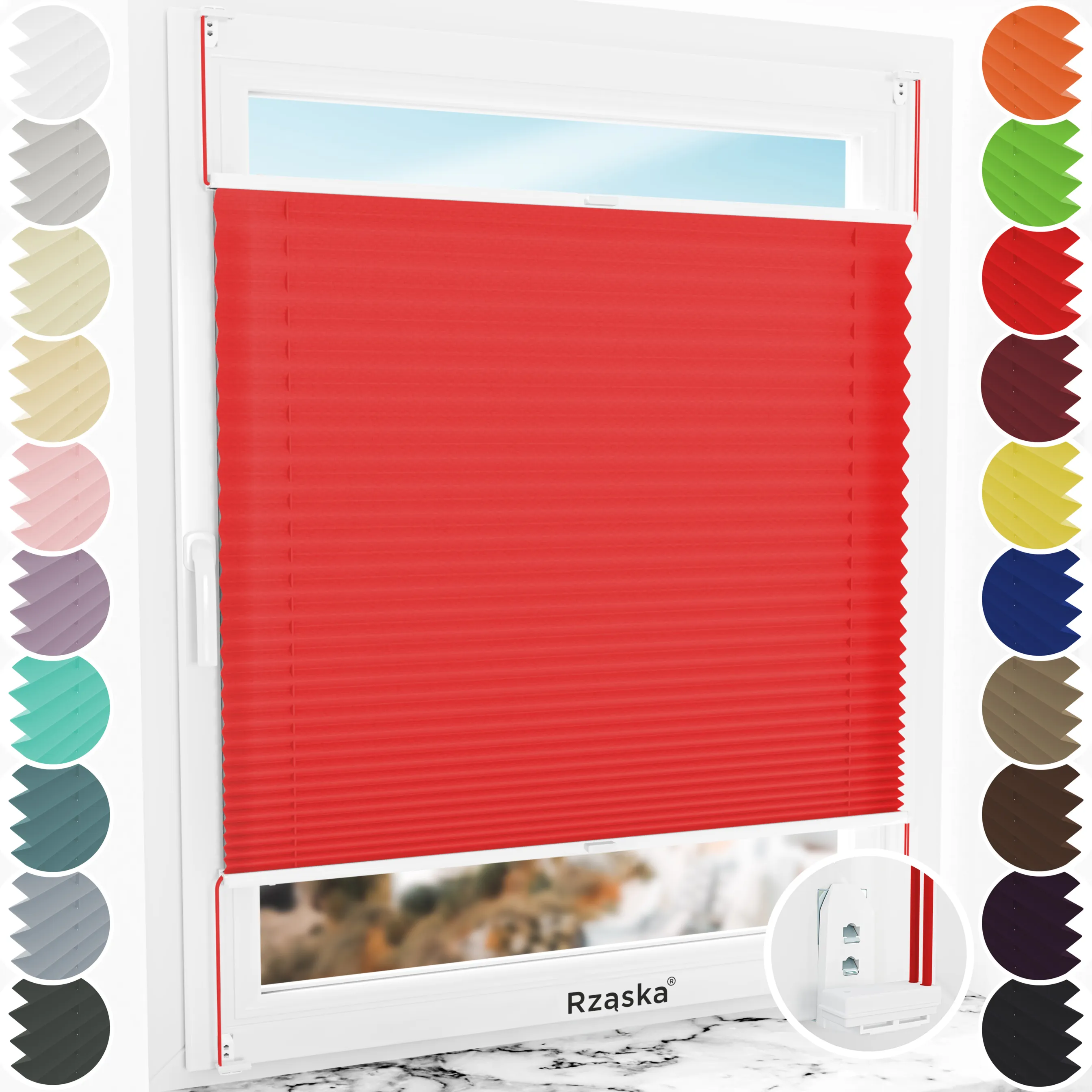 Inwazyjne rolety okienne wewnętrzne Rząska® na wymiar, uchwyty Risinfix Double 2w1, kolekcja Premium w kolorze Usta Geishy, czerwonym z profilem białym.
