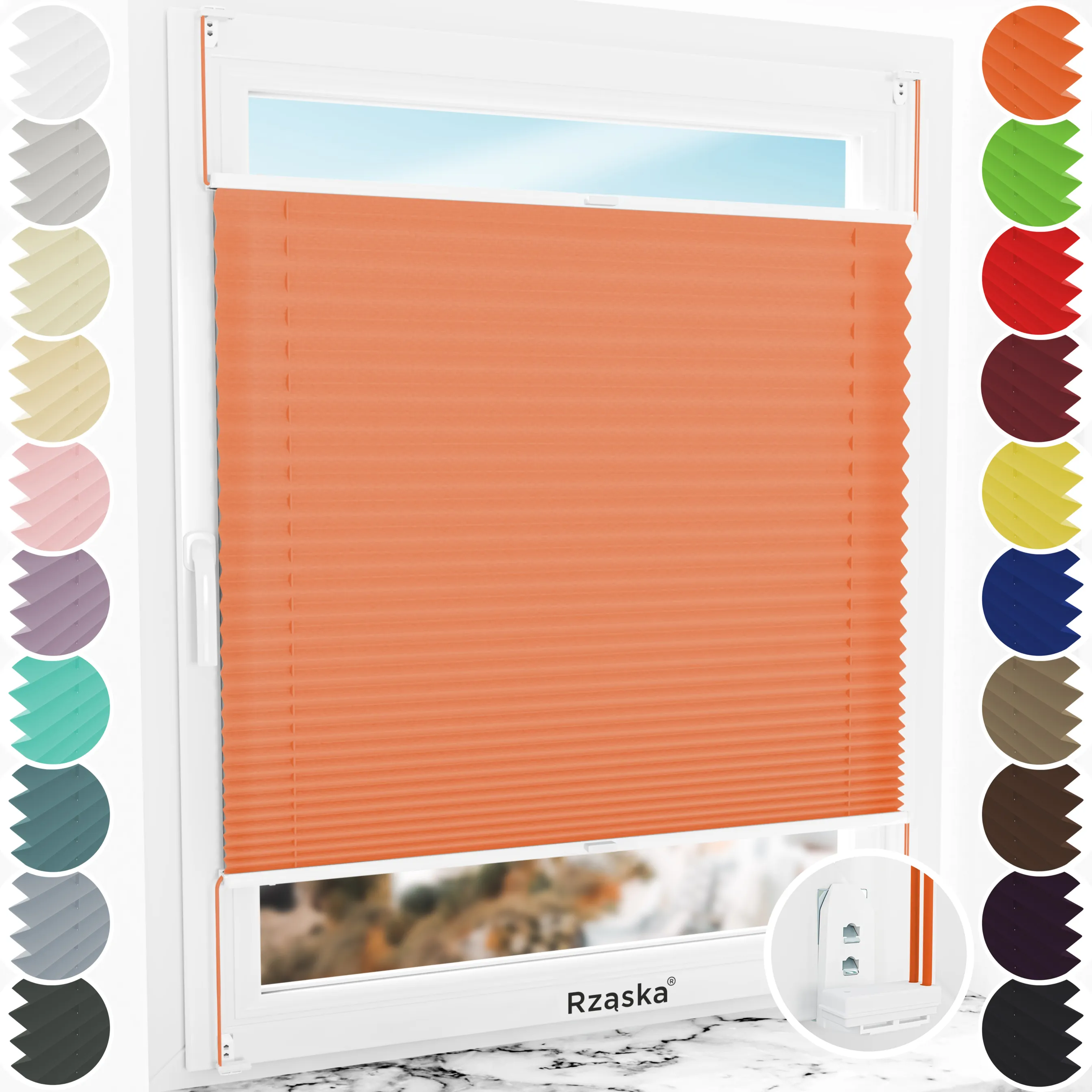 Inwazyjne rolety okienne wewnętrzne Rząska® na wymiar, uchwyty Risinfix Double 2w1, kolekcja Premium w kolorze Zachód słońca, pomarańczowym z profilem białym.