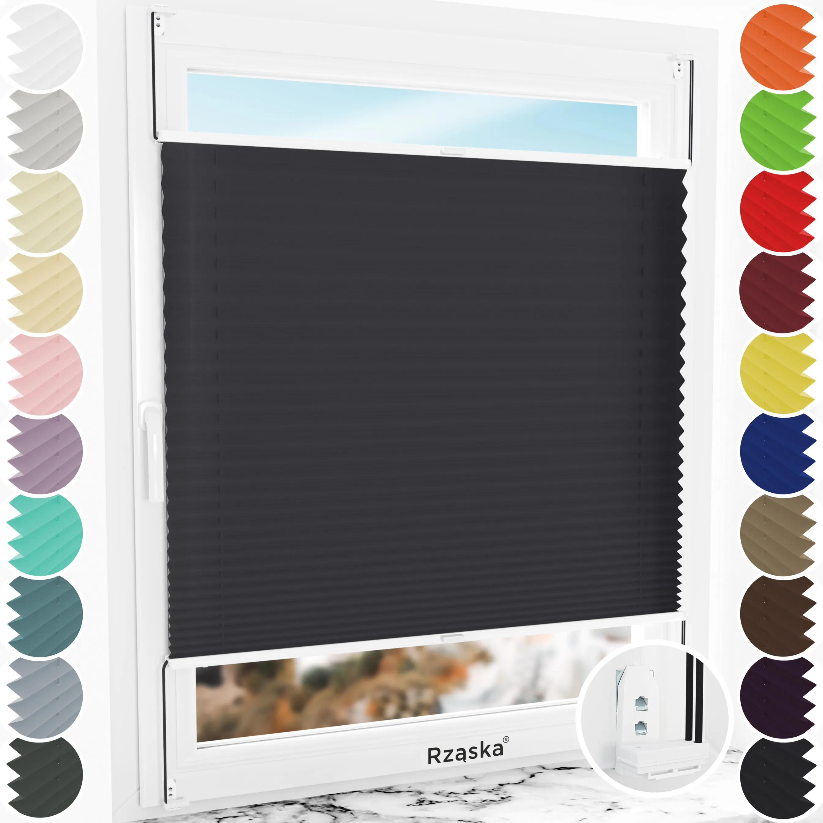 Inwazyjne rolety okienne wewnętrzne Rząska® na wymiar, uchwyty Risinfix Double 2w1, kolekcja Premium w kolorze Śląski węgiel, czarnym z profilem białym.