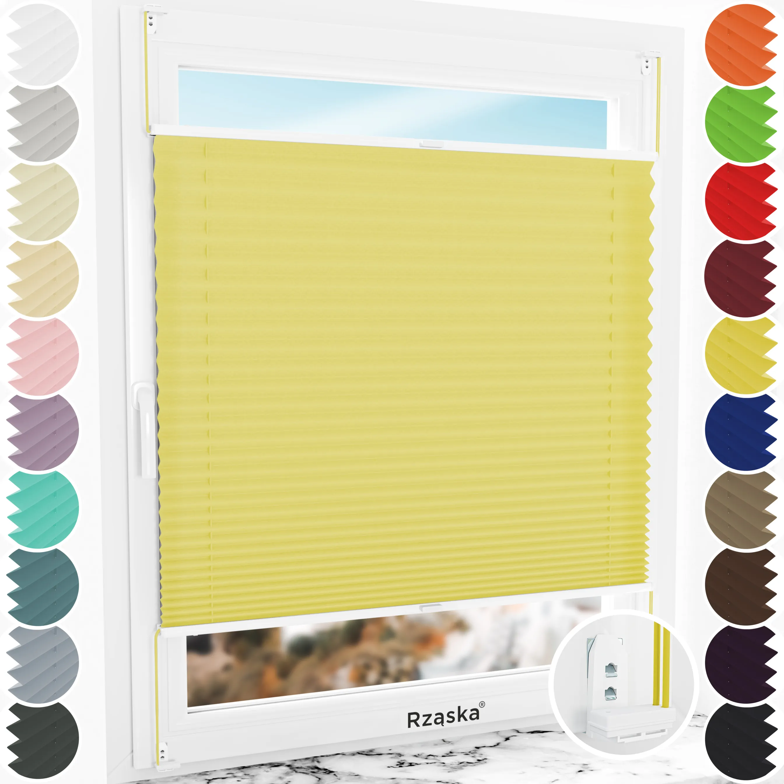 Inwazyjne rolety okienne wewnętrzne Rząska® na wymiar, uchwyty Risinfix Double 2w1, kolekcja Premium w kolorze Wakacyjny czas ,zółtym z profilem białym.