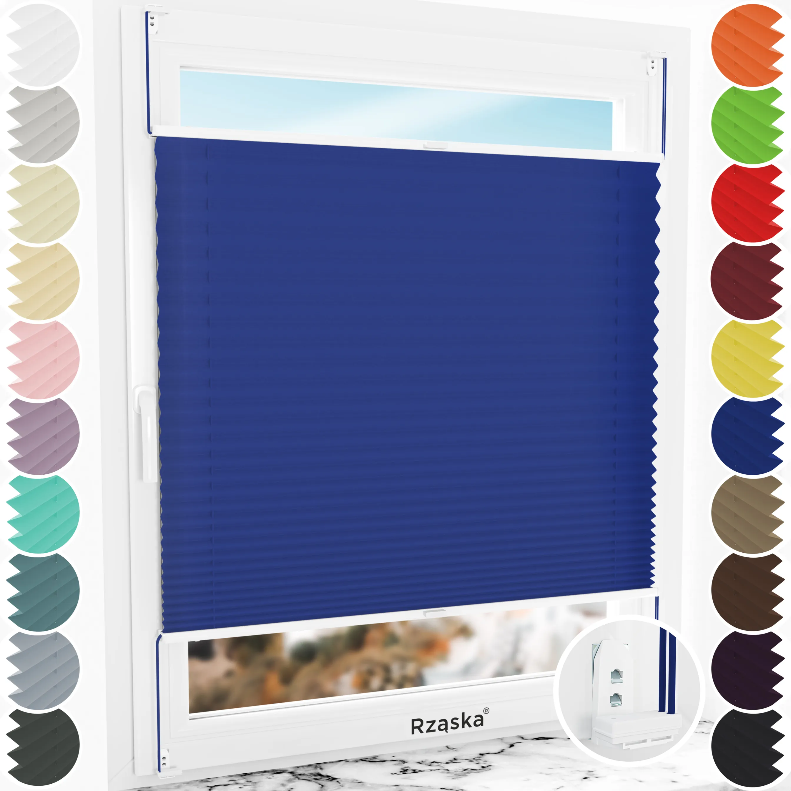 Inwazyjne rolety okienne wewnętrzne Rząska® na wymiar, uchwyty Risinfix Double 2w1, kolekcja Premium w kolorze Błękitna laguna, niebieskim z profilem białym.