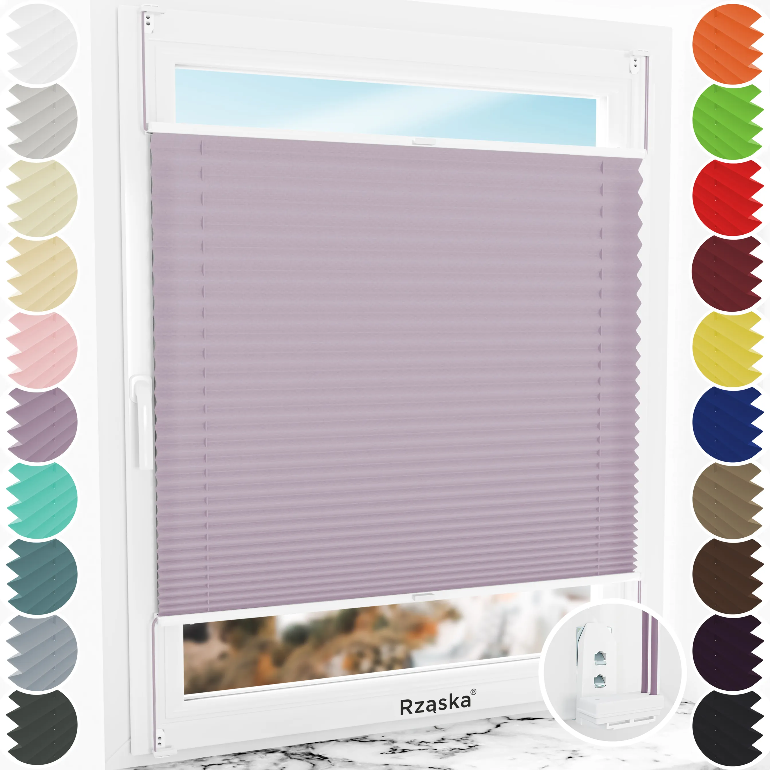 Inwazyjne rolety okienne wewnętrzne Rząska® na wymiar, uchwyty Risinfix Double 2w1, kolekcja Premium w kolorze Śliwkowy urok, flioletowym z profilem białym.