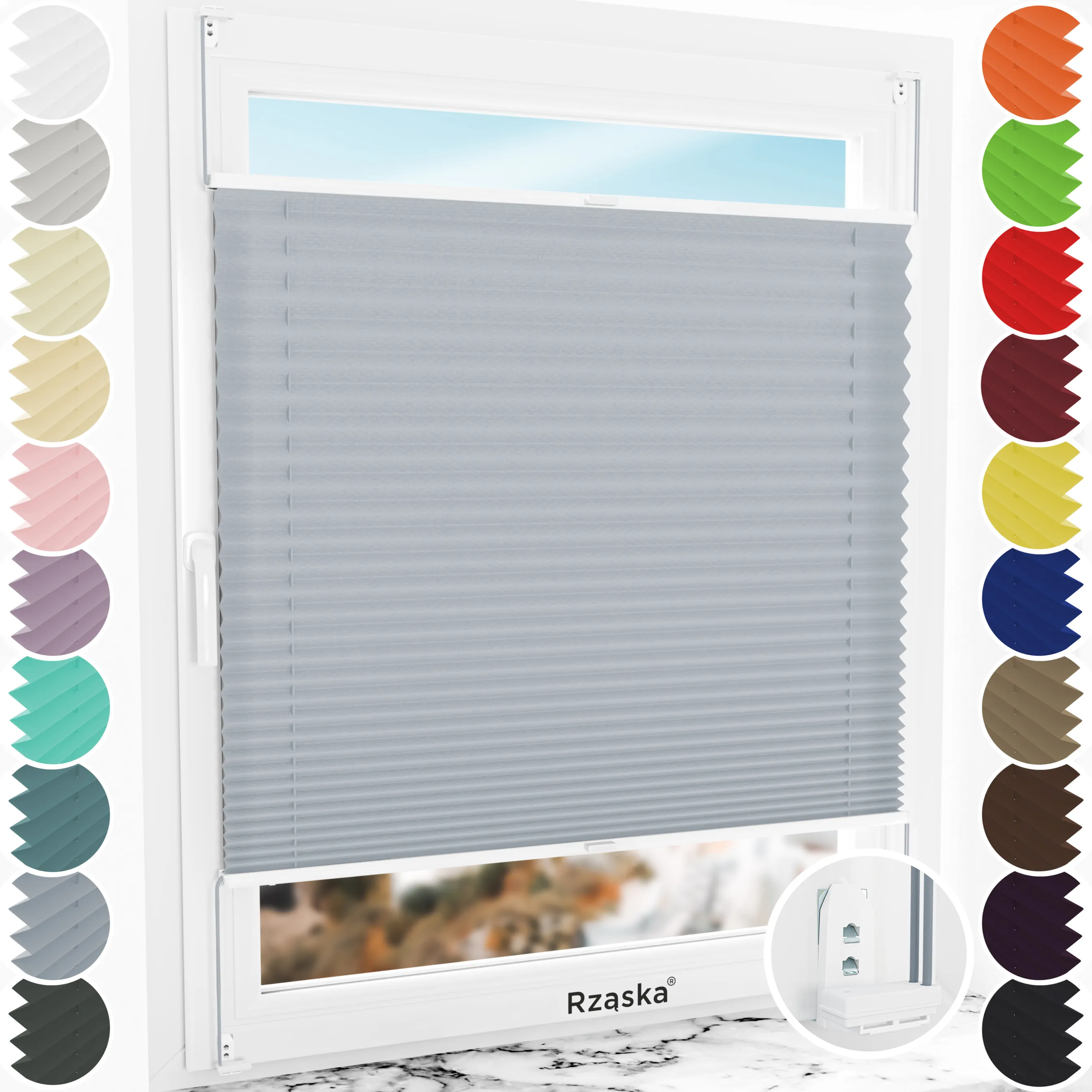 Inwazyjne rolety okienne wewnętrzne Rząska® na wymiar, uchwyty Risinfix Double 2w1, kolekcja Premium w kolorze Srebrna Sonata, szarego z profilem białym.