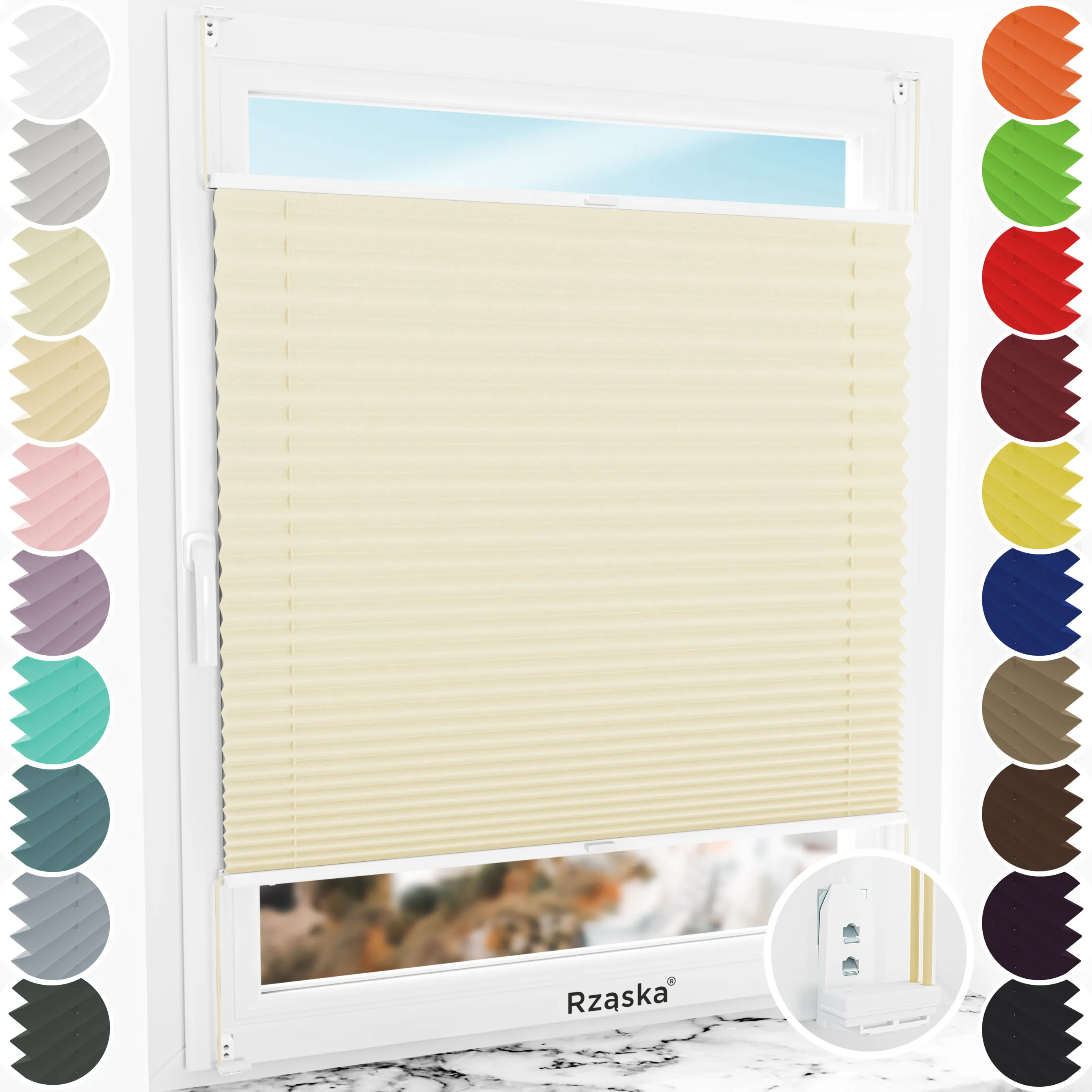 Inwazyjne plisy okienne Rząska® na wymiar, uchwyty Risinfix Double 2w1, kolekcja Thermo w kolorze Kawa z mlekiem, beżowym z profilem białym.