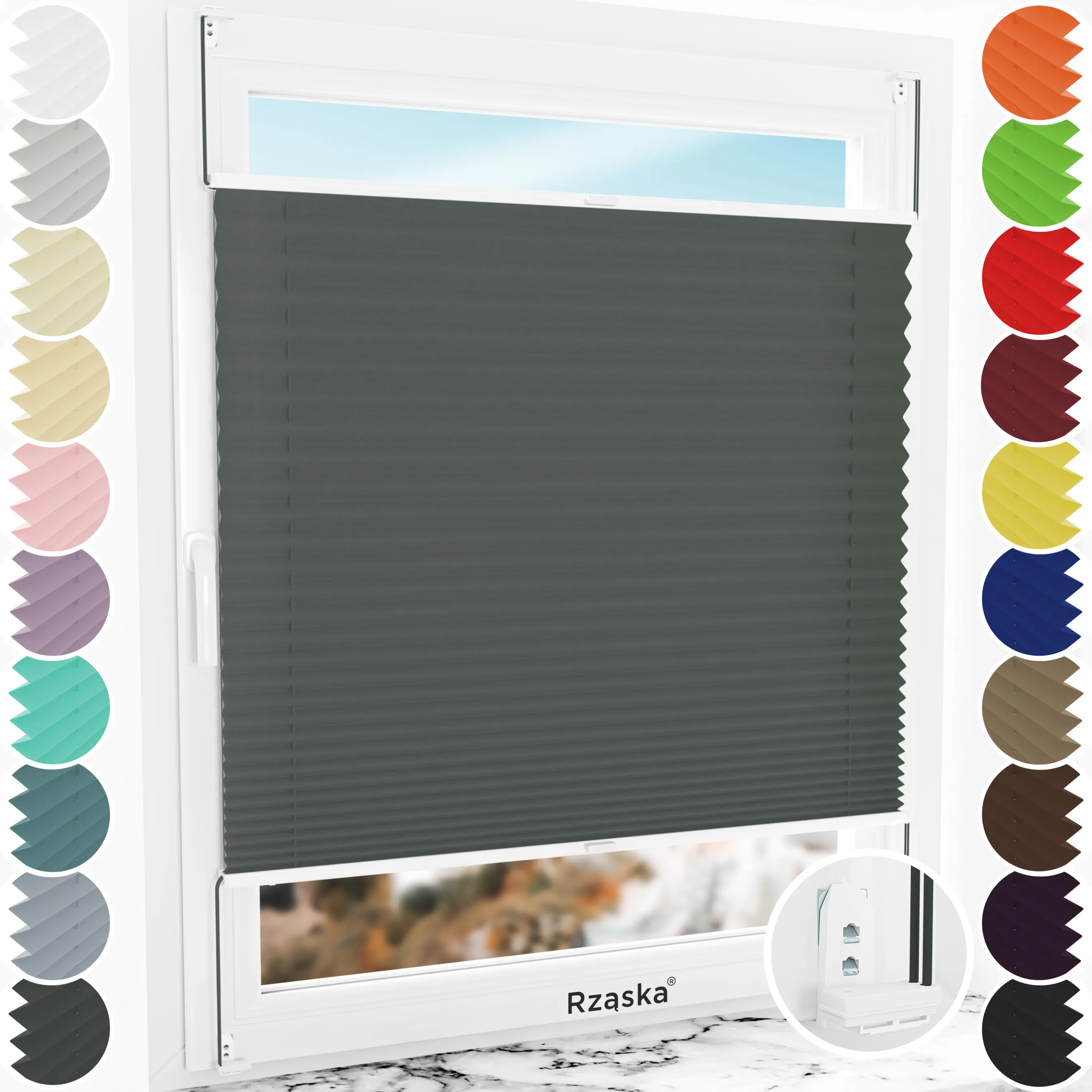 Inwazyjne plisy okienne Rząska® na wymiar, uchwyty Risinfix Double 2w1, kolekcja Thermo w kolorze Przed sztormem, szarym z profilem białym.