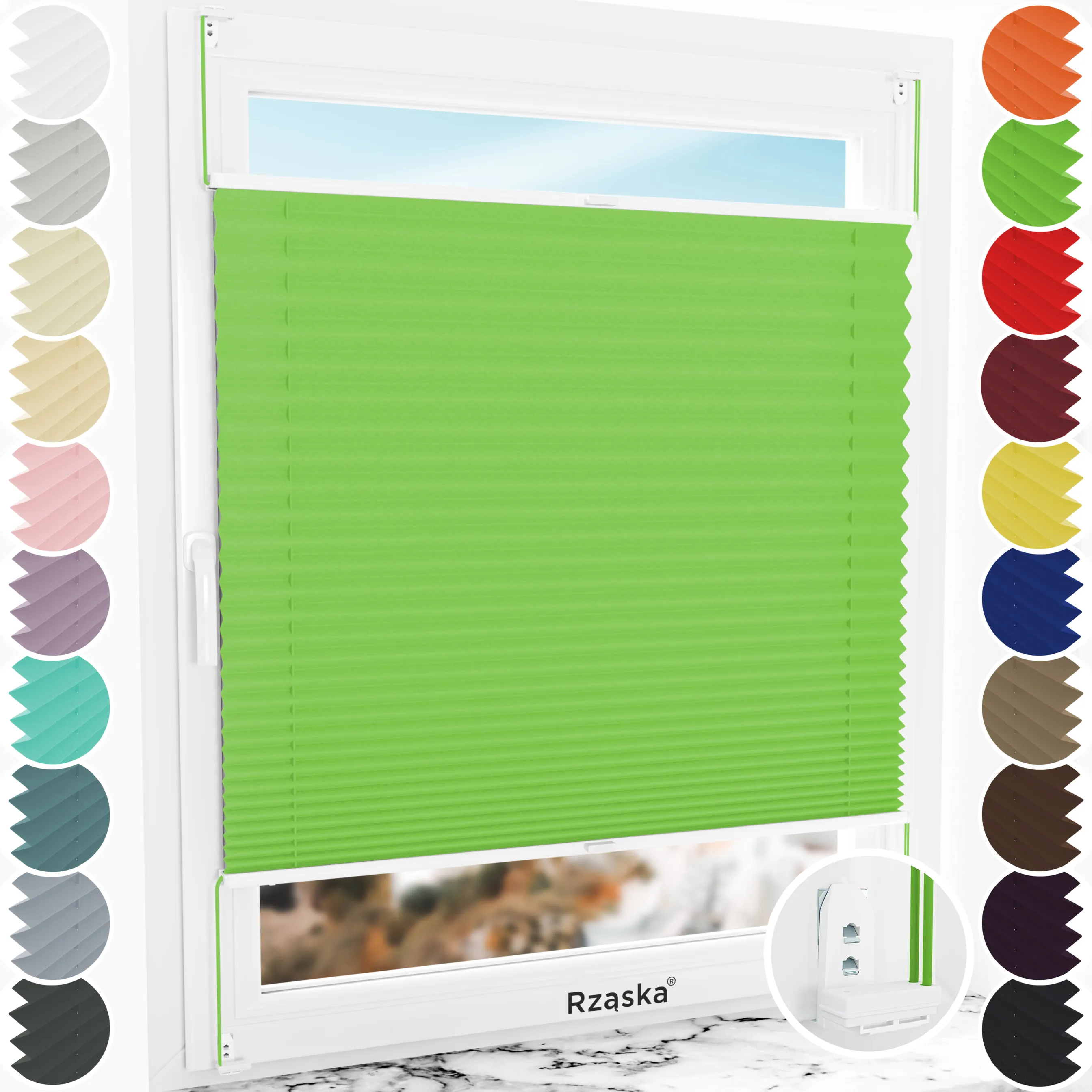 Inwazyjne plisy okienne Rząska® na wymiar, uchwyty Risinfix Double 2w1, kolekcja Thermo w kolorze Liść radości, zielonym z profilem białym.