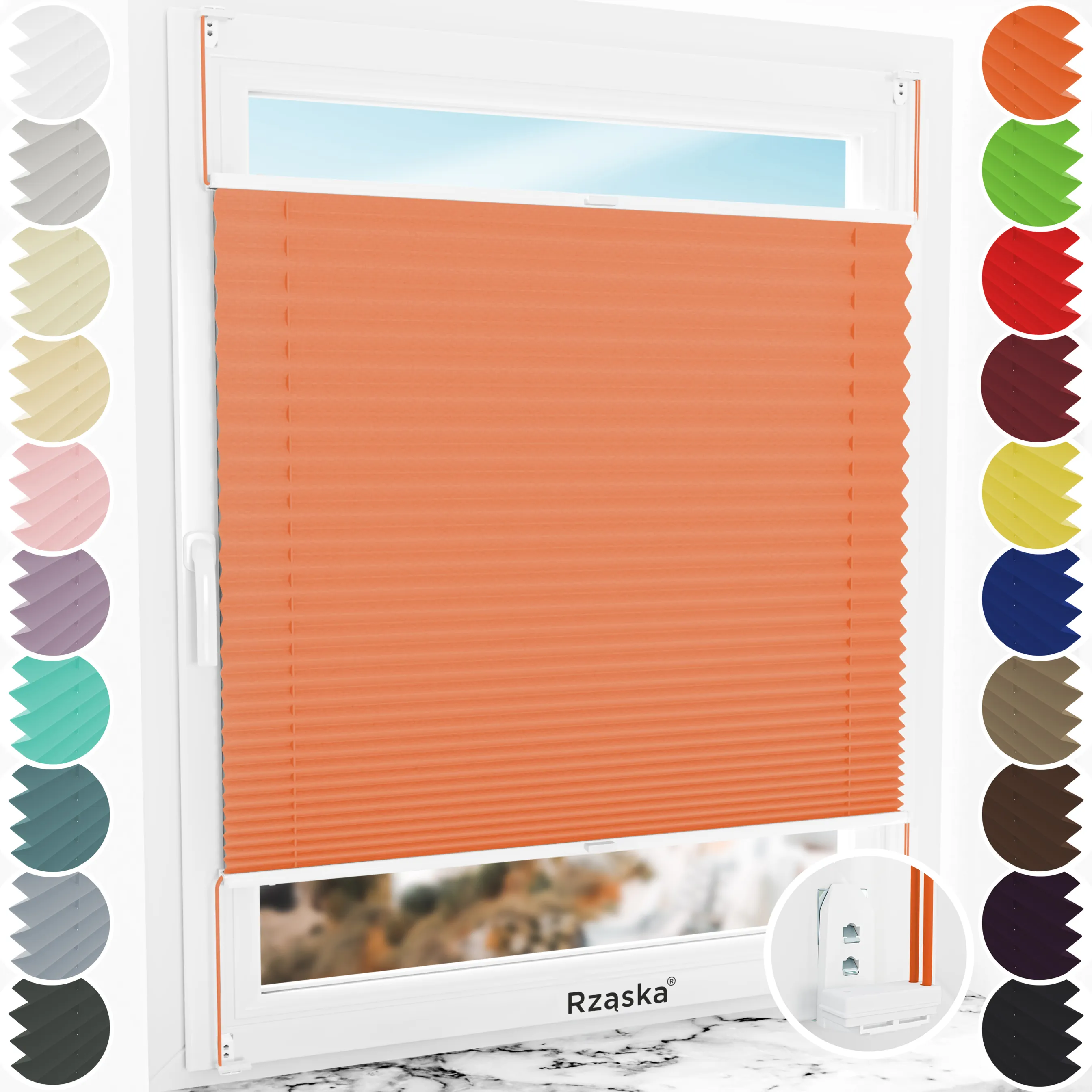 Inwazyjne plisy okienne Rząska® na wymiar, uchwyty Risinfix Double 2w1, kolekcja Thermo w kolorze Brzoskwinia, pomarańczowym z profilem białym.