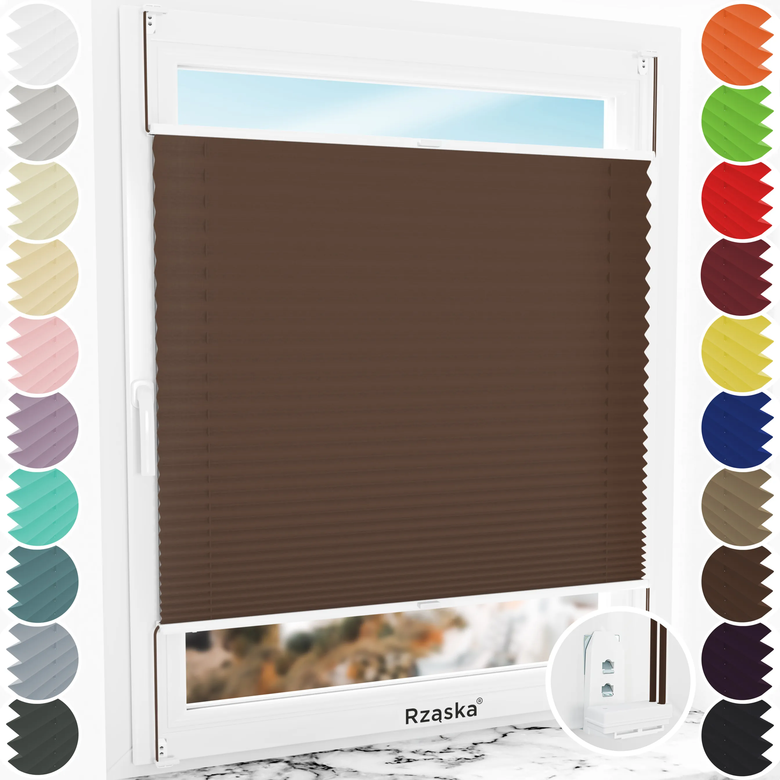 Inwazyjne plisy okienne Rząska® na wymiar, uchwyty Risinfix Double 2w1, kolekcja Thermo w kolorze Toffi, ciemnego brązu z profilem białym.
